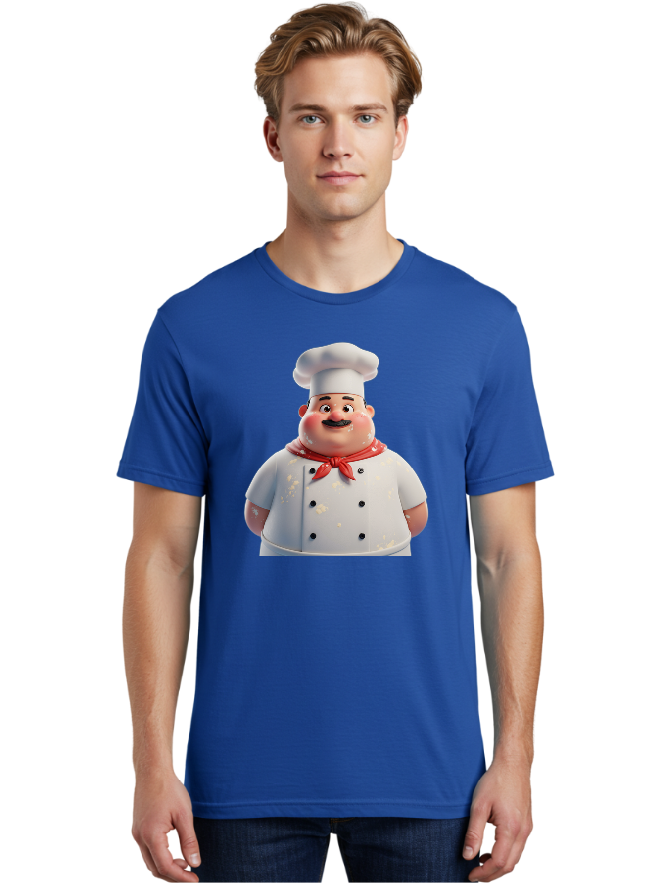 Chef-Character Men'S Graphic Tee, 100% Cotton, Comfortable Casual Summer Wear, Machine Washable, Cartoon Chef, White Chef Hat, Red Neckerchief, Mustache, Chef Coat, Cooking, Culinary Arts, Kitchen Staff, Food Preparation, 3D Character, Bac814