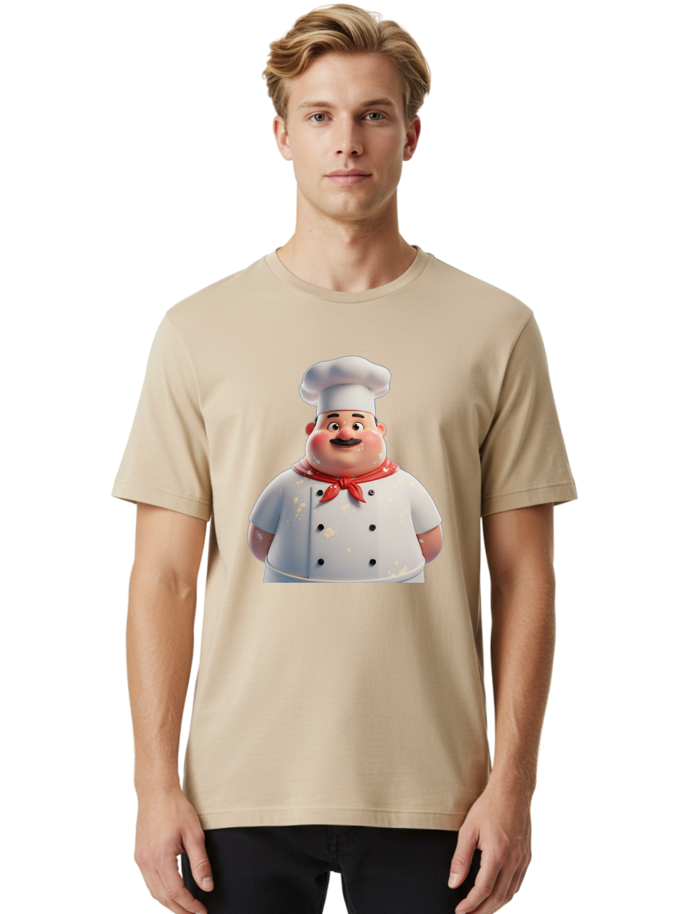 Chef-Character Men'S Graphic Tee, 100% Cotton, Comfortable Casual Summer Wear, Machine Washable, Cartoon Chef, White Chef Hat, Red Neckerchief, Mustache, Chef Coat, Cooking, Culinary Arts, Kitchen Staff, Food Preparation, 3D Character, Bac814