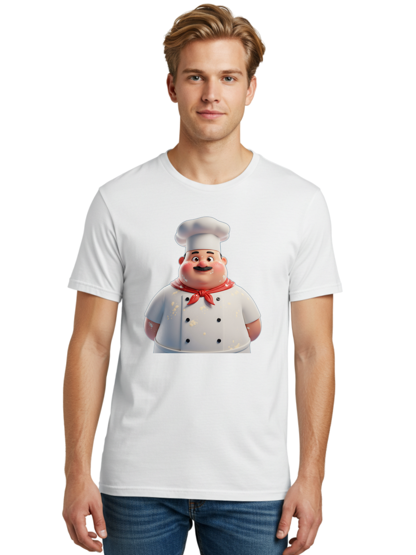 Chef-Character Men'S Graphic Tee, 100% Cotton, Comfortable Casual Summer Wear, Machine Washable, Cartoon Chef, White Chef Hat, Red Neckerchief, Mustache, Chef Coat, Cooking, Culinary Arts, Kitchen Staff, Food Preparation, 3D Character, Bac814