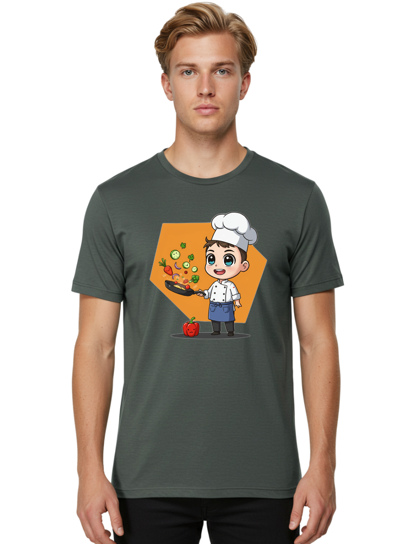 Chef-Cooking-Vegetables Men'S Graphic Tee, 100% Cotton, Comfortable Casual Summer Wear, Machine Washable, Cartoon Chef, Young Boy Cooking, Healthy Vegetables, Kitchen Skills, Chef Hat, Cooking Pan, Fresh Produce, Culinary Arts, Kid Chef Bac815