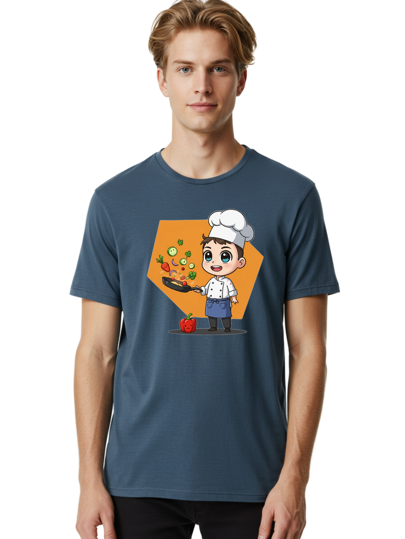Chef-Cooking-Vegetables Men'S Graphic Tee, 100% Cotton, Comfortable Casual Summer Wear, Machine Washable, Cartoon Chef, Young Boy Cooking, Healthy Vegetables, Kitchen Skills, Chef Hat, Cooking Pan, Fresh Produce, Culinary Arts, Kid Chef Bac815