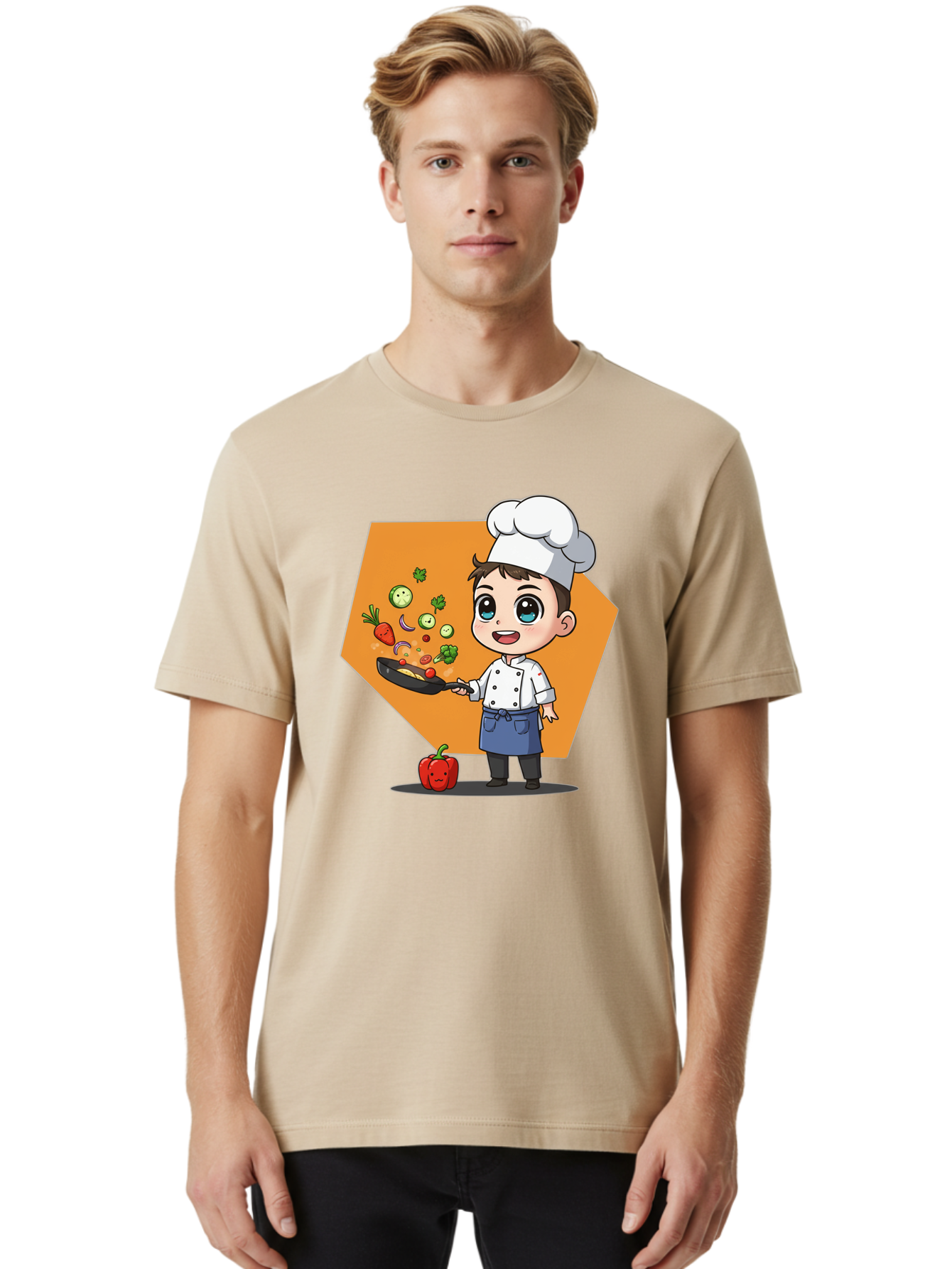 Chef-Cooking-Vegetables Men'S Graphic Tee, 100% Cotton, Comfortable Casual Summer Wear, Machine Washable, Cartoon Chef, Young Boy Cooking, Healthy Vegetables, Kitchen Skills, Chef Hat, Cooking Pan, Fresh Produce, Culinary Arts, Kid Chef Bac815