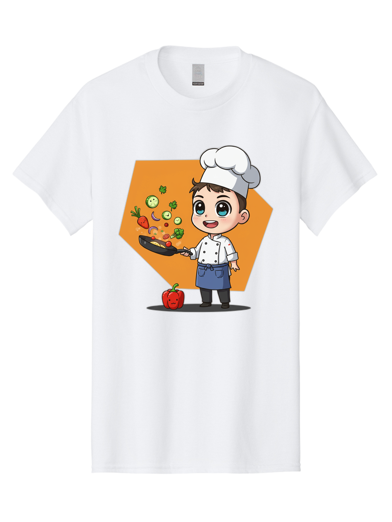 Chef-Cooking-Vegetables Men'S Graphic Tee, 100% Cotton, Comfortable Casual Summer Wear, Machine Washable, Cartoon Chef, Young Boy Cooking, Healthy Vegetables, Kitchen Skills, Chef Hat, Cooking Pan, Fresh Produce, Culinary Arts, Kid Chef Bac815