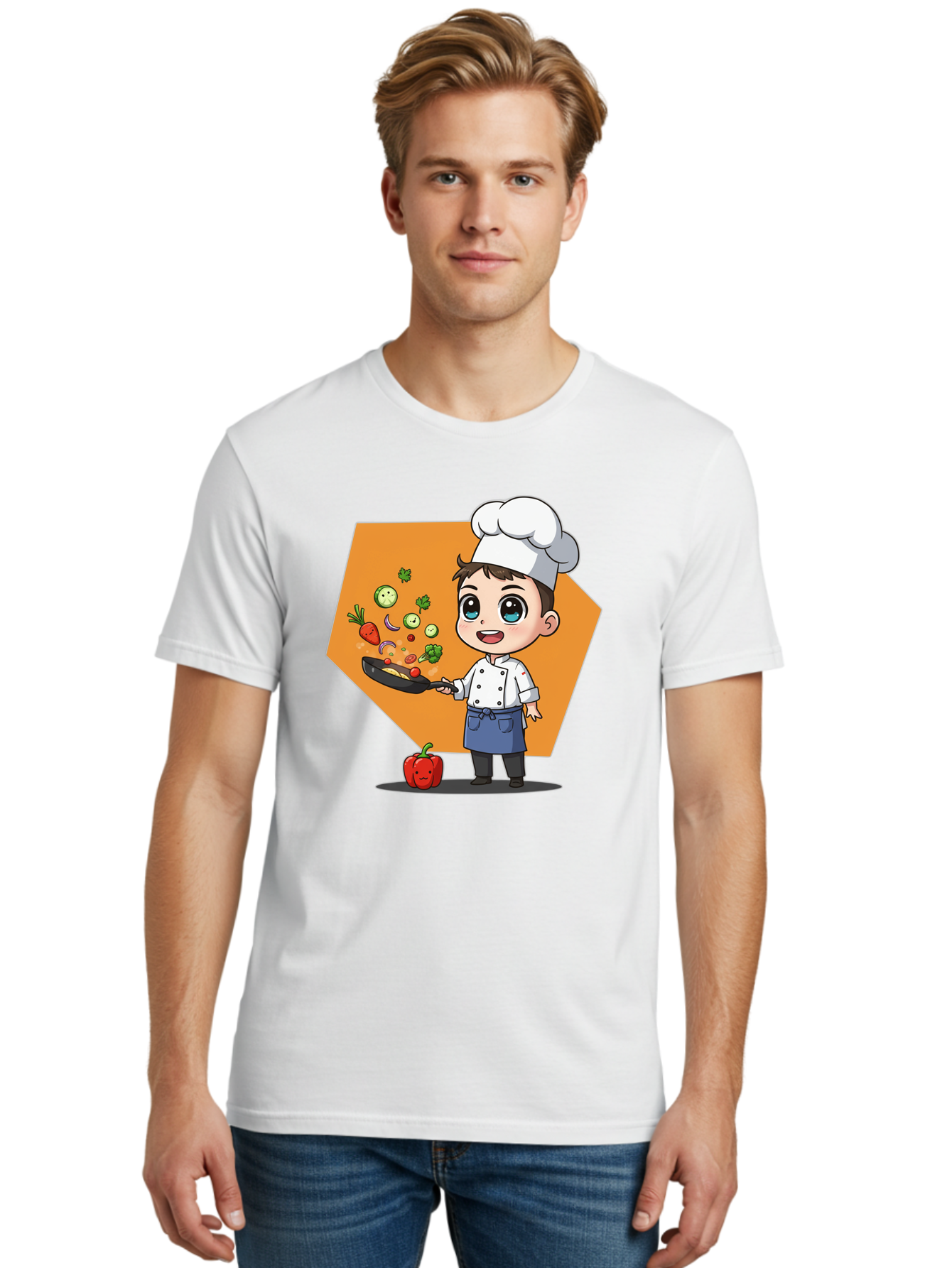 Chef-Cooking-Vegetables Men'S Graphic Tee, 100% Cotton, Comfortable Casual Summer Wear, Machine Washable, Cartoon Chef, Young Boy Cooking, Healthy Vegetables, Kitchen Skills, Chef Hat, Cooking Pan, Fresh Produce, Culinary Arts, Kid Chef Bac815