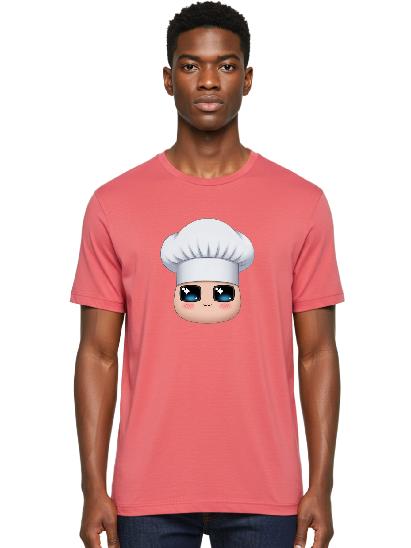 Chef-Emoji-1 Men'S Graphic Tee, 100% Cotton, Comfortable Casual Summer Wear, Machine Washable, Cartoon Chef, Cooking Emoji, Chef Hat, Cute Face, Sparkle Eyes, Rosy Cheeks, Kawaii Style, Culinary Art, Foodie, Cooking Enthusiast Bac816