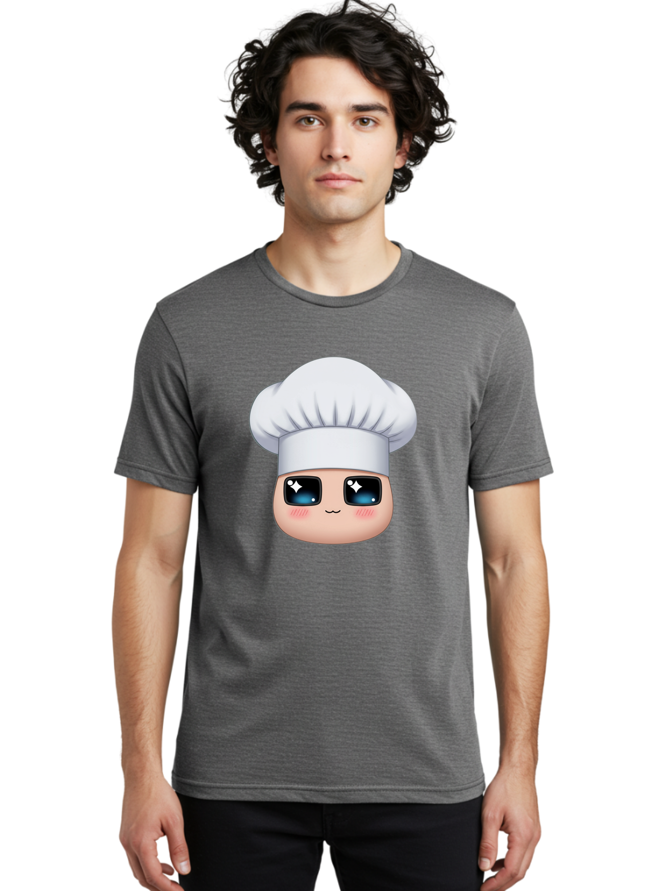 Chef-Emoji-1 Men'S Graphic Tee, 100% Cotton, Comfortable Casual Summer Wear, Machine Washable, Cartoon Chef, Cooking Emoji, Chef Hat, Cute Face, Sparkle Eyes, Rosy Cheeks, Kawaii Style, Culinary Art, Foodie, Cooking Enthusiast Bac816