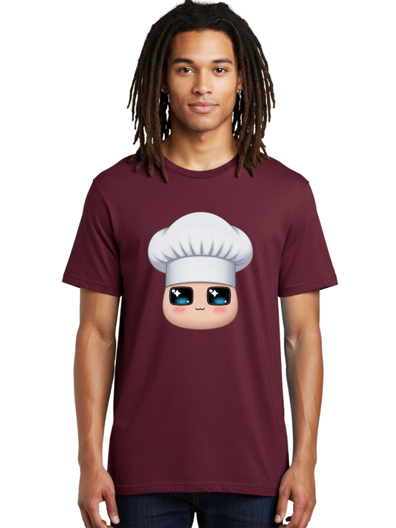 Chef-Emoji-1 Men'S Graphic Tee, 100% Cotton, Comfortable Casual Summer Wear, Machine Washable, Cartoon Chef, Cooking Emoji, Chef Hat, Cute Face, Sparkle Eyes, Rosy Cheeks, Kawaii Style, Culinary Art, Foodie, Cooking Enthusiast Bac816