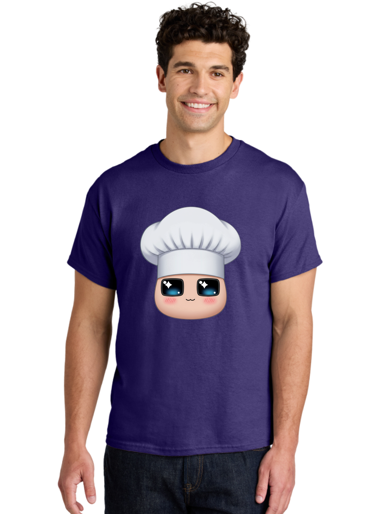 Chef-Emoji-1 Men'S Graphic Tee, 100% Cotton, Comfortable Casual Summer Wear, Machine Washable, Cartoon Chef, Cooking Emoji, Chef Hat, Cute Face, Sparkle Eyes, Rosy Cheeks, Kawaii Style, Culinary Art, Foodie, Cooking Enthusiast Bac816