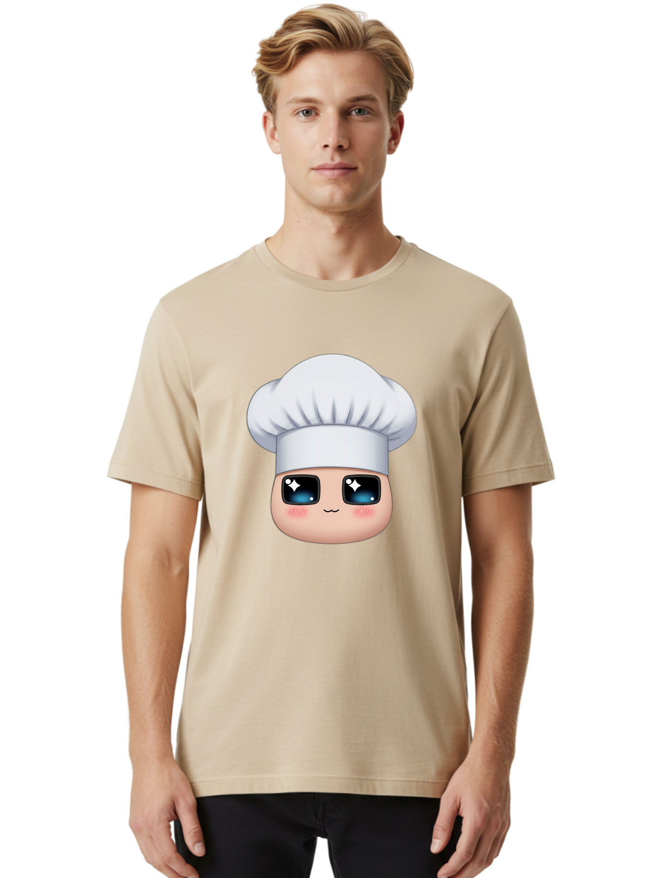 Chef-Emoji-1 Men'S Graphic Tee, 100% Cotton, Comfortable Casual Summer Wear, Machine Washable, Cartoon Chef, Cooking Emoji, Chef Hat, Cute Face, Sparkle Eyes, Rosy Cheeks, Kawaii Style, Culinary Art, Foodie, Cooking Enthusiast Bac816