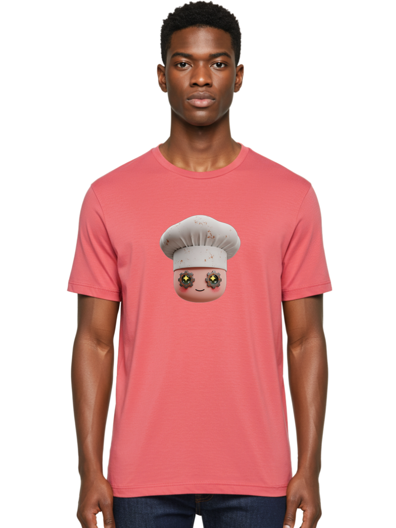 Chef-Emoji-2 Men'S Graphic Tee, 100% Cotton, Comfortable Casual Summer Wear, Machine Washable, Cartoon Chef, Cooking Emoji, Chef Hat, Robotic Eyes, Culinary Art, Kitchen Creativity, Digital Character, Foodie Fun, Animated Chef, Bac817