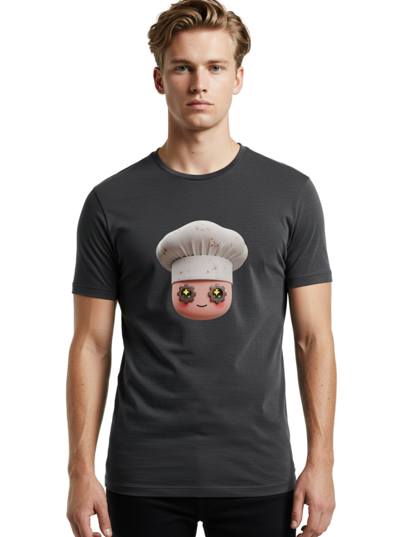 Chef-Emoji-2 Men'S Graphic Tee, 100% Cotton, Comfortable Casual Summer Wear, Machine Washable, Cartoon Chef, Cooking Emoji, Chef Hat, Robotic Eyes, Culinary Art, Kitchen Creativity, Digital Character, Foodie Fun, Animated Chef, Bac817