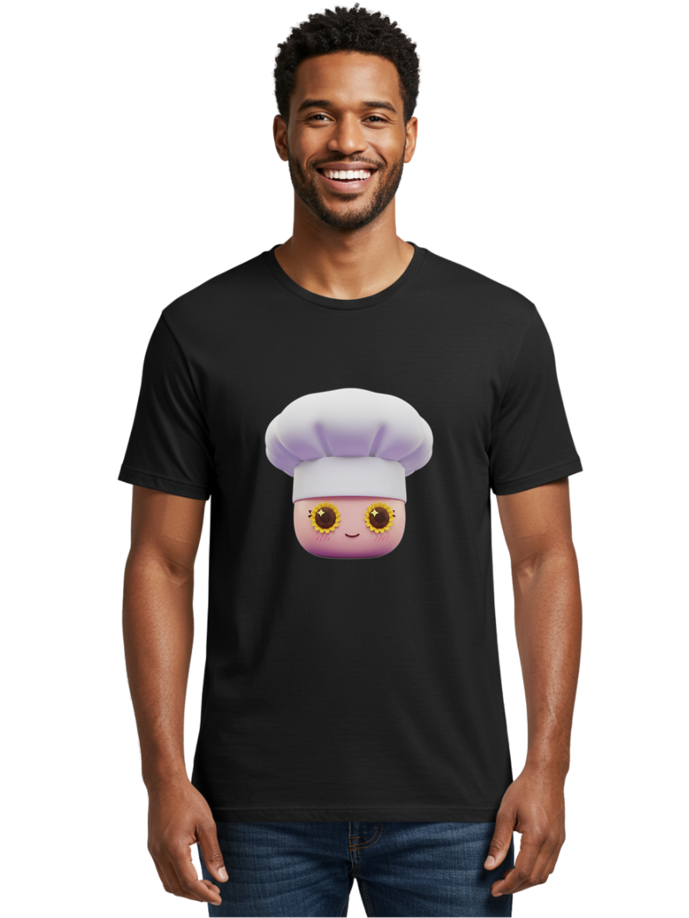 Chef-Emoticon Men'S Graphic Tee, 100% Cotton, Comfortable Casual Summer Wear, Machine Washable, Chef Character, Cute Emoji, Cooking Theme, Sunflower Eyes, Happy Face, Culinary Arts, Kitchen Icon, Cartoon Style Bac820