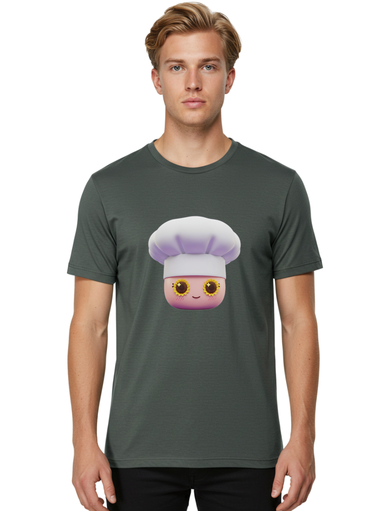 Chef-Emoticon Men'S Graphic Tee, 100% Cotton, Comfortable Casual Summer Wear, Machine Washable, Chef Character, Cute Emoji, Cooking Theme, Sunflower Eyes, Happy Face, Culinary Arts, Kitchen Icon, Cartoon Style Bac820
