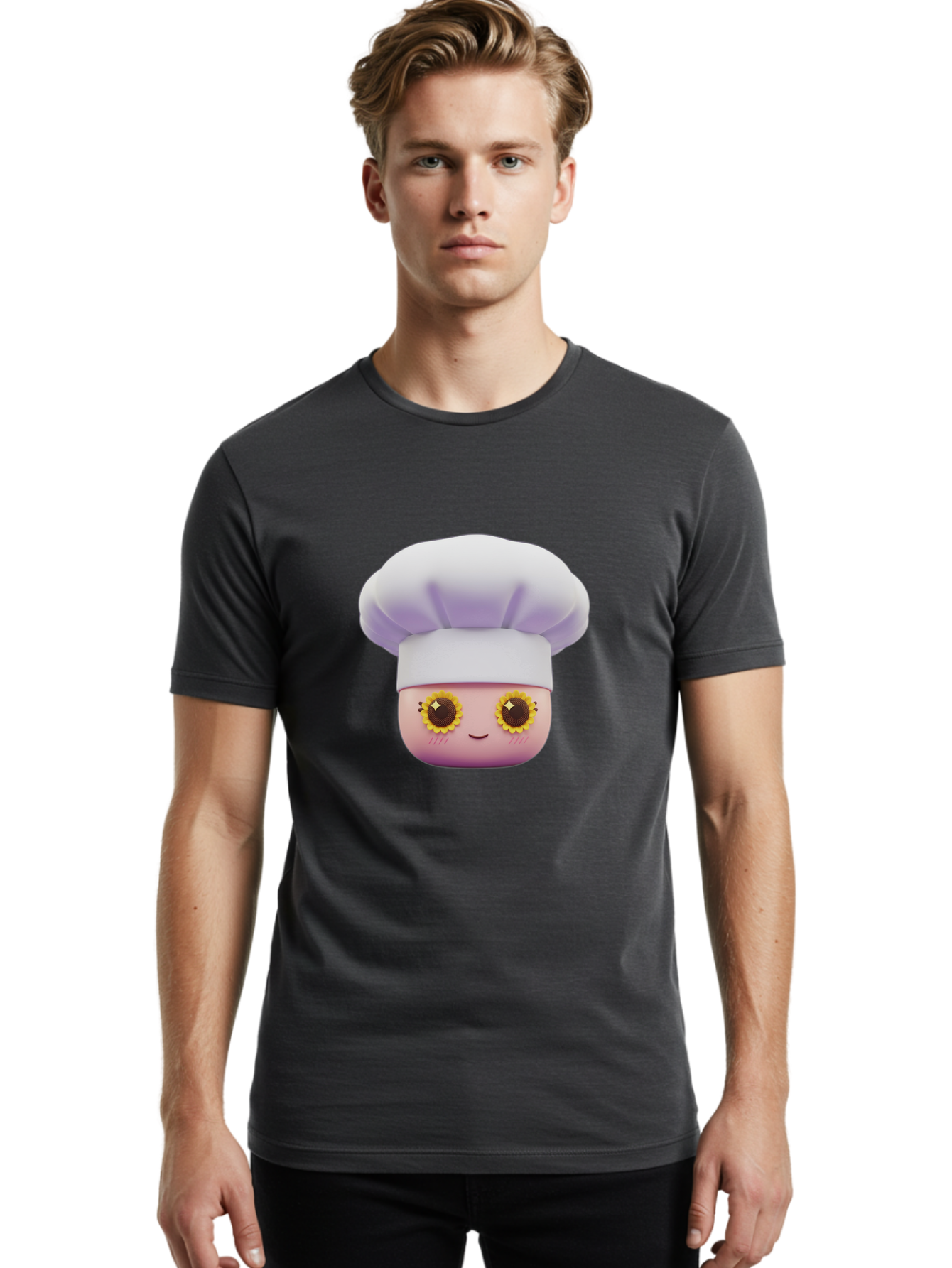 Chef-Emoticon Men'S Graphic Tee, 100% Cotton, Comfortable Casual Summer Wear, Machine Washable, Chef Character, Cute Emoji, Cooking Theme, Sunflower Eyes, Happy Face, Culinary Arts, Kitchen Icon, Cartoon Style Bac820