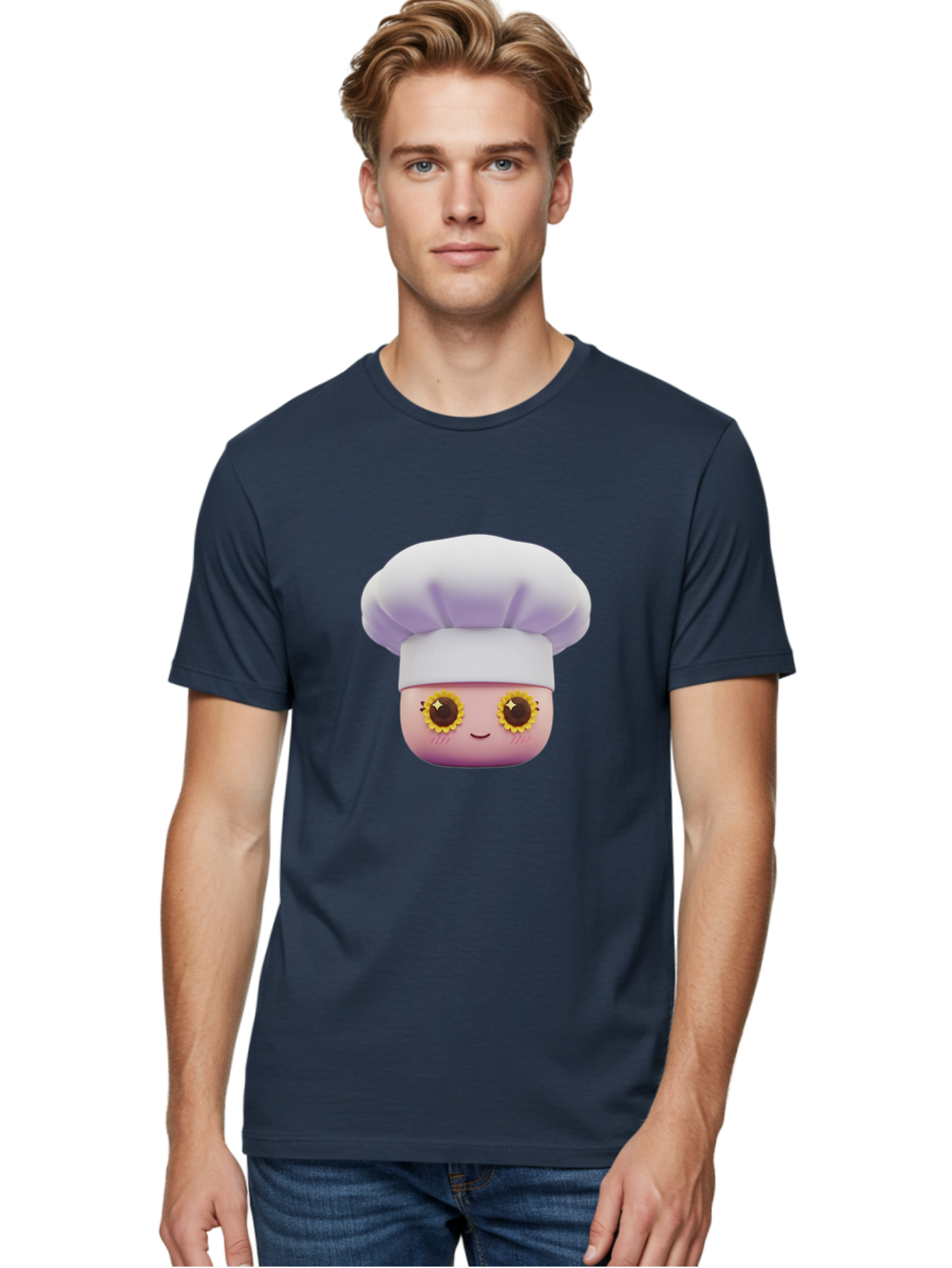 Chef-Emoticon Men'S Graphic Tee, 100% Cotton, Comfortable Casual Summer Wear, Machine Washable, Chef Character, Cute Emoji, Cooking Theme, Sunflower Eyes, Happy Face, Culinary Arts, Kitchen Icon, Cartoon Style Bac820