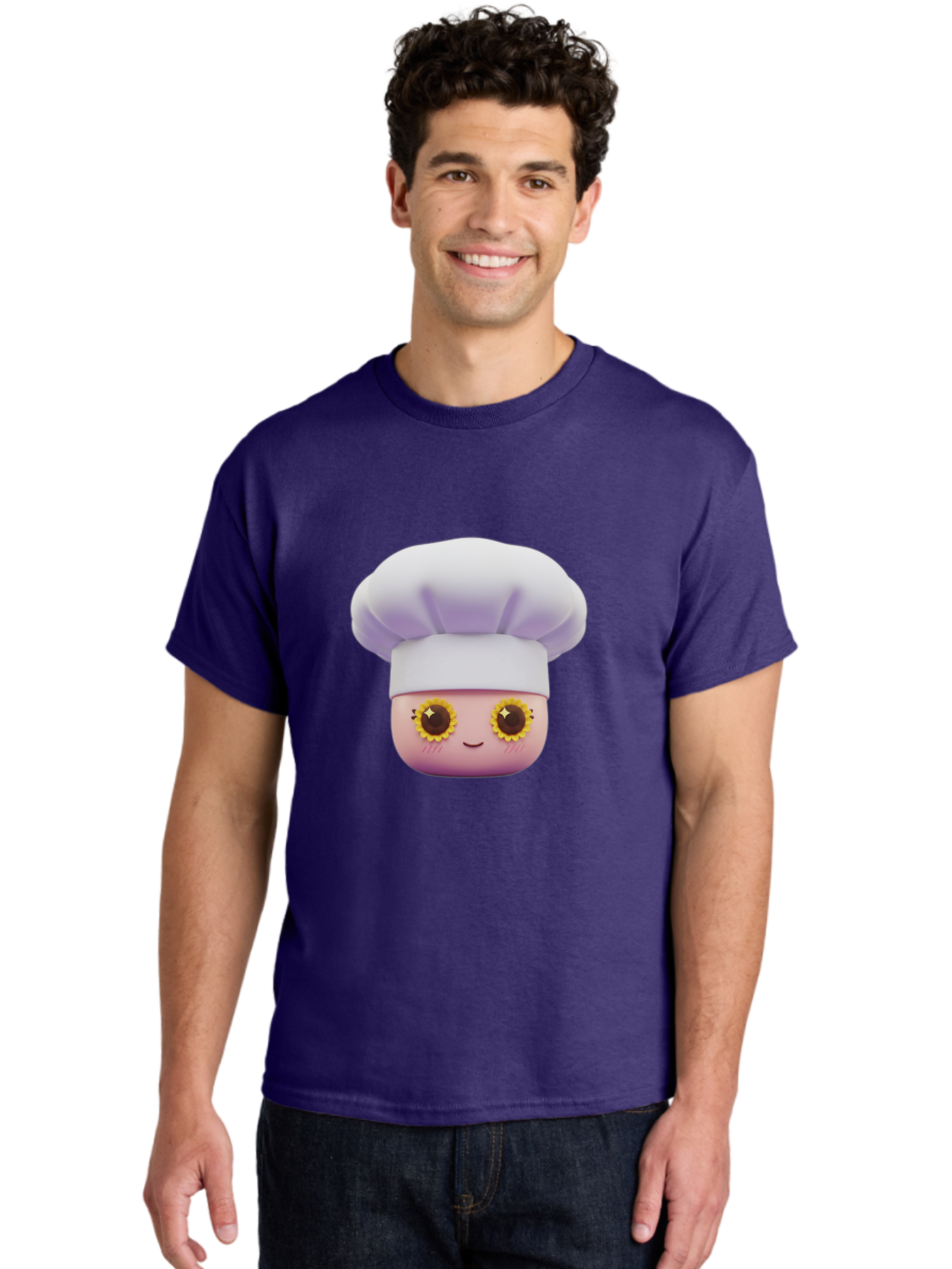 Chef-Emoticon Men'S Graphic Tee, 100% Cotton, Comfortable Casual Summer Wear, Machine Washable, Chef Character, Cute Emoji, Cooking Theme, Sunflower Eyes, Happy Face, Culinary Arts, Kitchen Icon, Cartoon Style Bac820