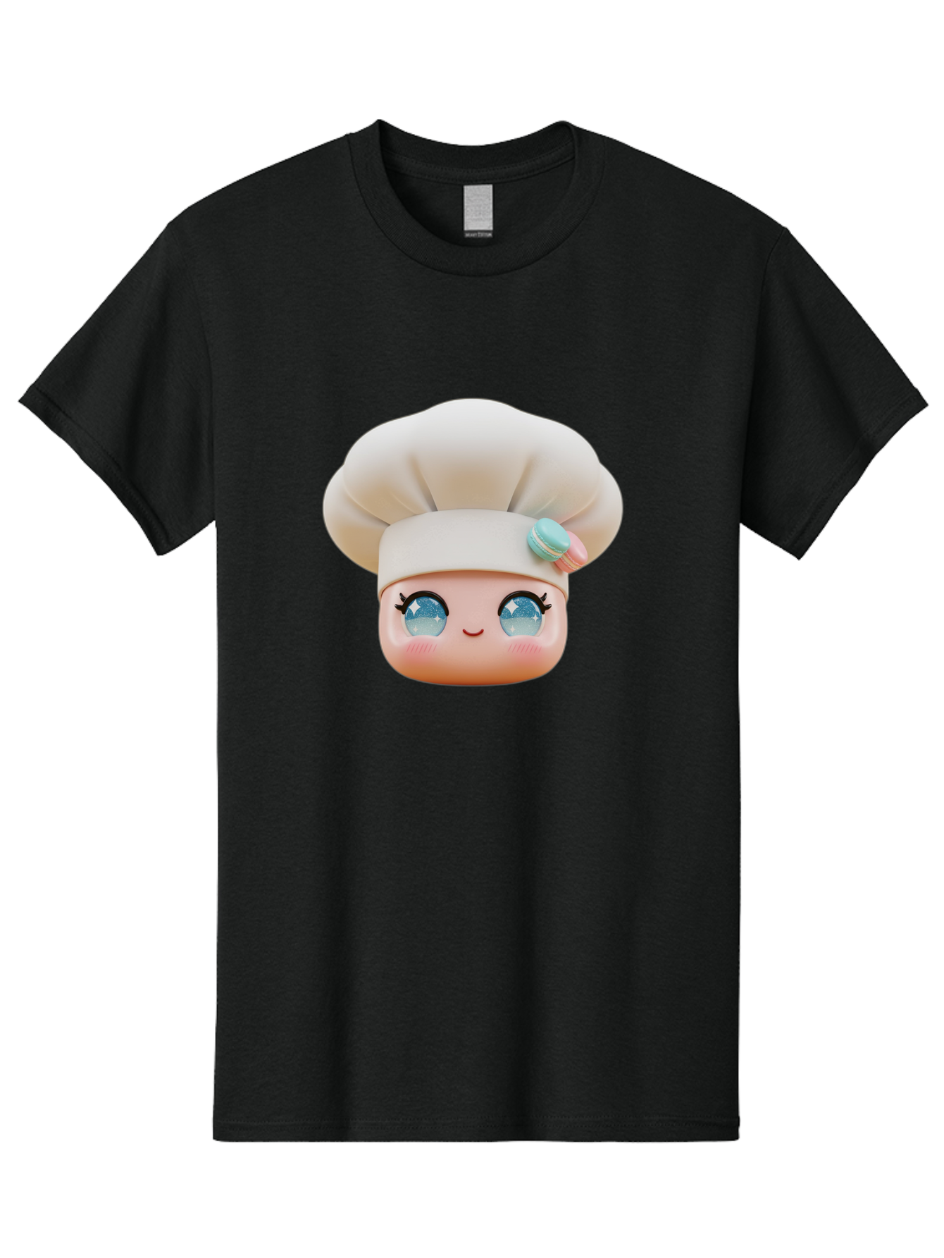 Chef-Face-1 Men'S Graphic Tee, 100% Cotton, Comfortable Casual Summer Wear, Machine Washable, Cartoon Chef Head, White Chef Hat, Blue Eyes, Smiling Face, Pink Cheeks, Macaron Decoration, Kawaii Style, Adorable Illustration, Digital Art, Bac821