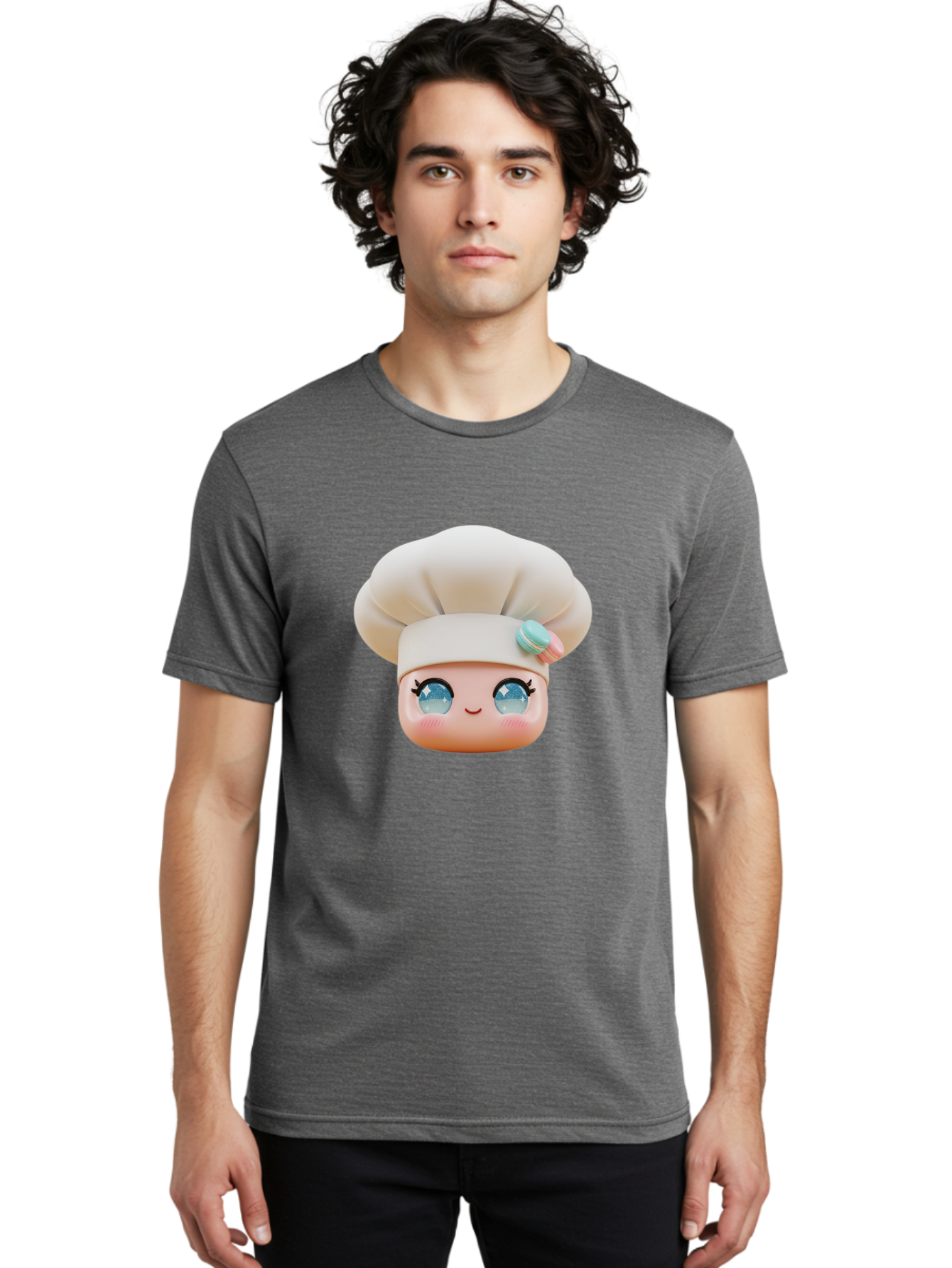 Chef-Face-1 Men'S Graphic Tee, 100% Cotton, Comfortable Casual Summer Wear, Machine Washable, Cartoon Chef Head, White Chef Hat, Blue Eyes, Smiling Face, Pink Cheeks, Macaron Decoration, Kawaii Style, Adorable Illustration, Digital Art, Bac821