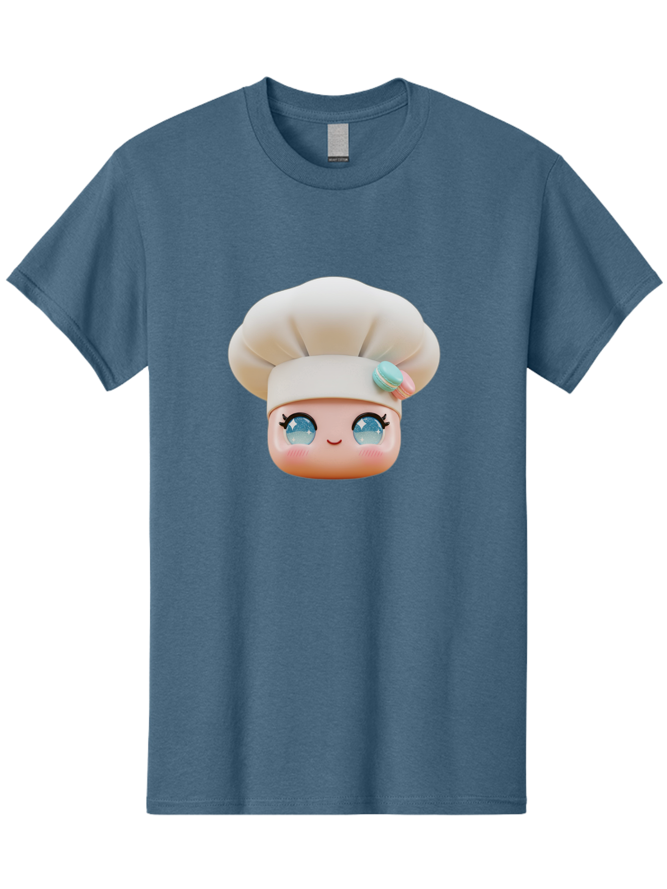 Chef-Face-1 Men'S Graphic Tee, 100% Cotton, Comfortable Casual Summer Wear, Machine Washable, Cartoon Chef Head, White Chef Hat, Blue Eyes, Smiling Face, Pink Cheeks, Macaron Decoration, Kawaii Style, Adorable Illustration, Digital Art, Bac821