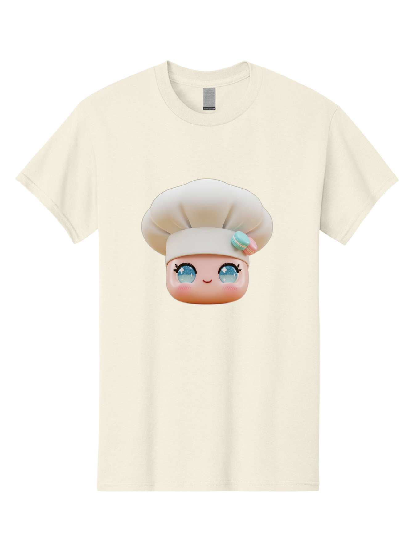 Chef-Face-1 Men'S Graphic Tee, 100% Cotton, Comfortable Casual Summer Wear, Machine Washable, Cartoon Chef Head, White Chef Hat, Blue Eyes, Smiling Face, Pink Cheeks, Macaron Decoration, Kawaii Style, Adorable Illustration, Digital Art, Bac821