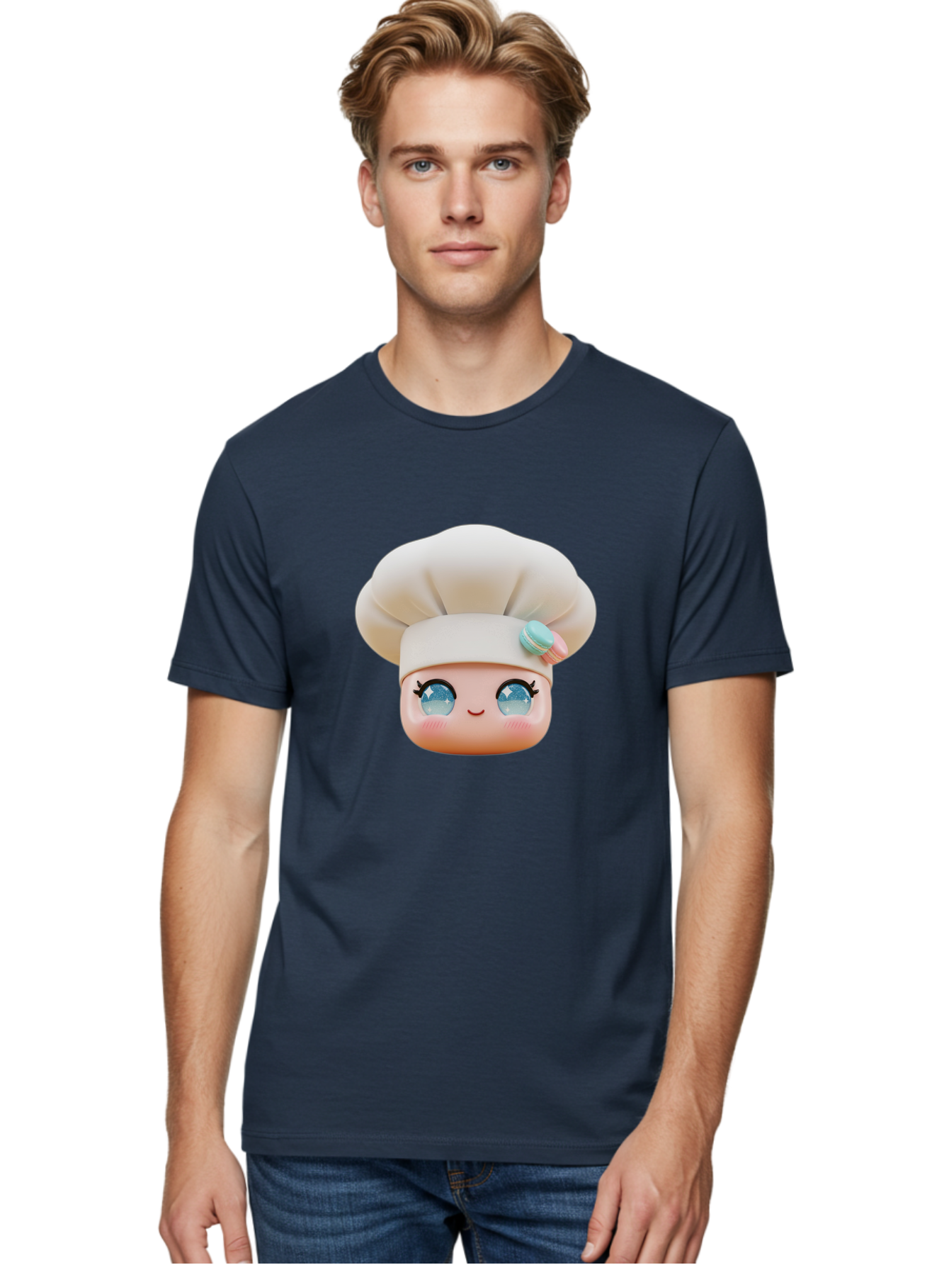 Chef-Face-1 Men'S Graphic Tee, 100% Cotton, Comfortable Casual Summer Wear, Machine Washable, Cartoon Chef Head, White Chef Hat, Blue Eyes, Smiling Face, Pink Cheeks, Macaron Decoration, Kawaii Style, Adorable Illustration, Digital Art, Bac821