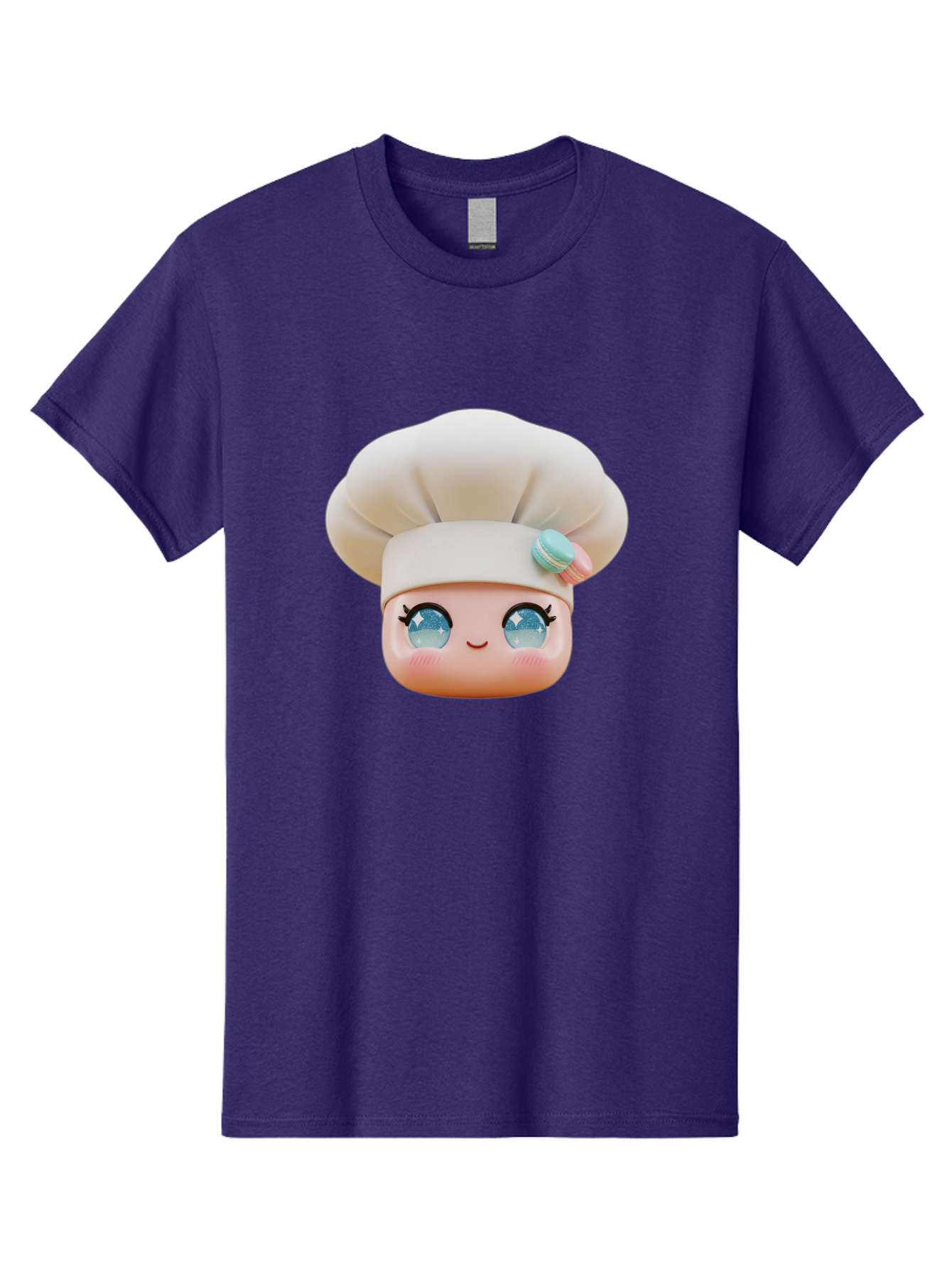 Chef-Face-1 Men'S Graphic Tee, 100% Cotton, Comfortable Casual Summer Wear, Machine Washable, Cartoon Chef Head, White Chef Hat, Blue Eyes, Smiling Face, Pink Cheeks, Macaron Decoration, Kawaii Style, Adorable Illustration, Digital Art, Bac821