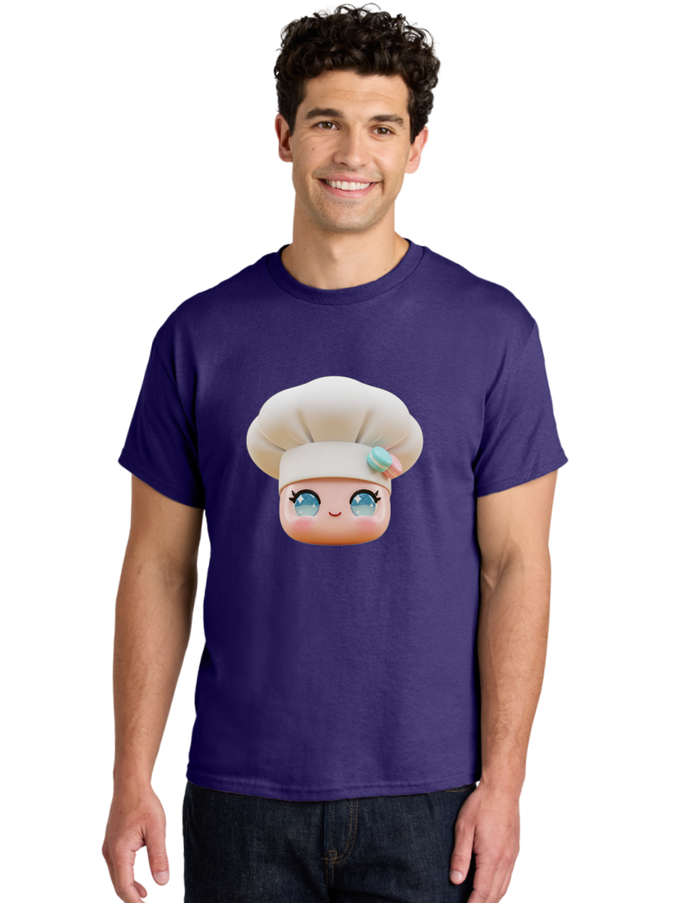 Chef-Face-1 Men'S Graphic Tee, 100% Cotton, Comfortable Casual Summer Wear, Machine Washable, Cartoon Chef Head, White Chef Hat, Blue Eyes, Smiling Face, Pink Cheeks, Macaron Decoration, Kawaii Style, Adorable Illustration, Digital Art, Bac821