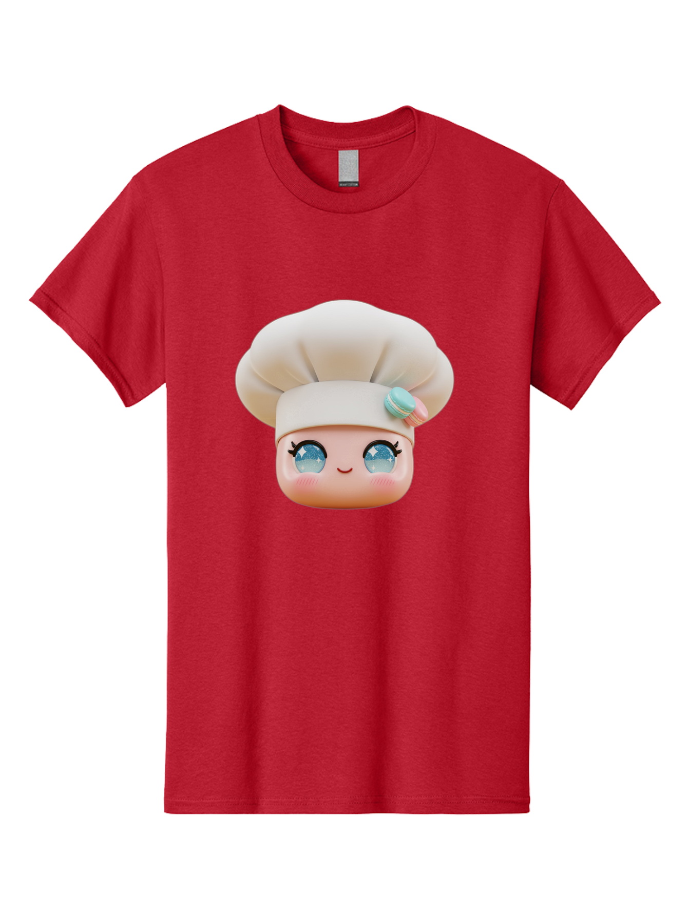 Chef-Face-1 Men'S Graphic Tee, 100% Cotton, Comfortable Casual Summer Wear, Machine Washable, Cartoon Chef Head, White Chef Hat, Blue Eyes, Smiling Face, Pink Cheeks, Macaron Decoration, Kawaii Style, Adorable Illustration, Digital Art, Bac821