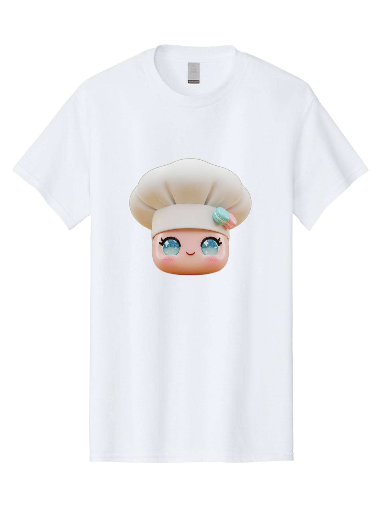 Chef-Face-1 Men'S Graphic Tee, 100% Cotton, Comfortable Casual Summer Wear, Machine Washable, Cartoon Chef Head, White Chef Hat, Blue Eyes, Smiling Face, Pink Cheeks, Macaron Decoration, Kawaii Style, Adorable Illustration, Digital Art, Bac821