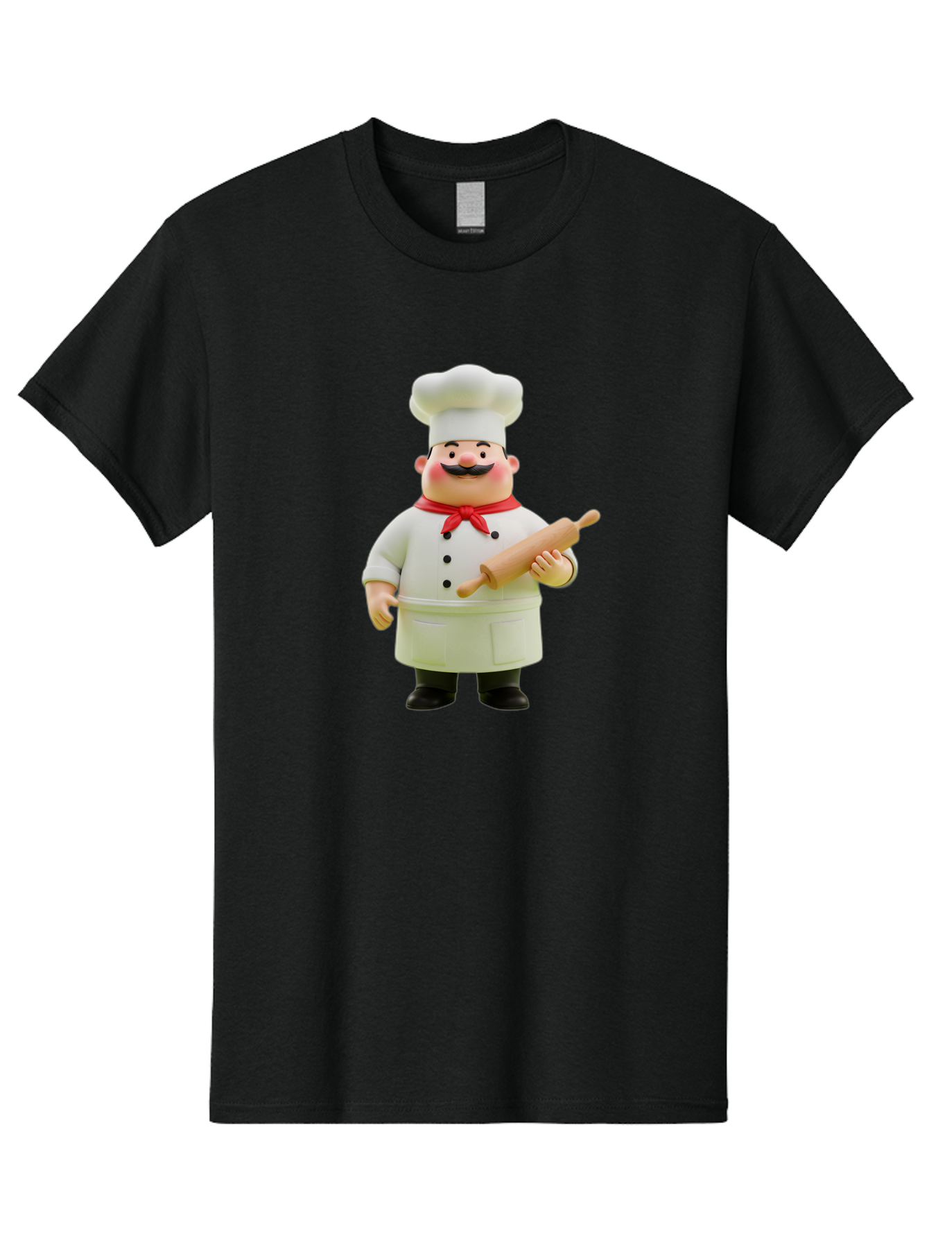 Chef-Figurine-1 Men'S Graphic Tee, 100% Cotton, Comfortable Casual Summer Wear, Machine Washable, Cartoon Chef Figurine, White Chef Coat, Red Neckerchief, Black Mustache, Rolling Pin, Cooking Utensils, Culinary Art, Kitchen Decor, Bac823
