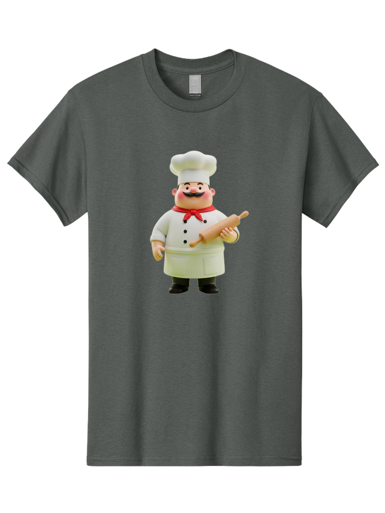 Chef-Figurine-1 Men'S Graphic Tee, 100% Cotton, Comfortable Casual Summer Wear, Machine Washable, Cartoon Chef Figurine, White Chef Coat, Red Neckerchief, Black Mustache, Rolling Pin, Cooking Utensils, Culinary Art, Kitchen Decor, Bac823