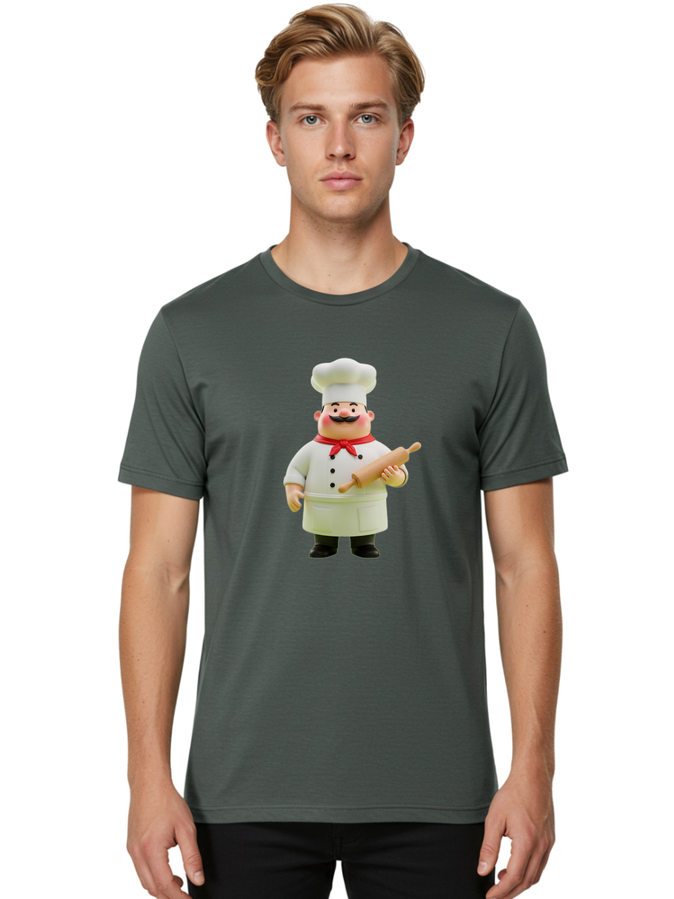Chef-Figurine-1 Men'S Graphic Tee, 100% Cotton, Comfortable Casual Summer Wear, Machine Washable, Cartoon Chef Figurine, White Chef Coat, Red Neckerchief, Black Mustache, Rolling Pin, Cooking Utensils, Culinary Art, Kitchen Decor, Bac823