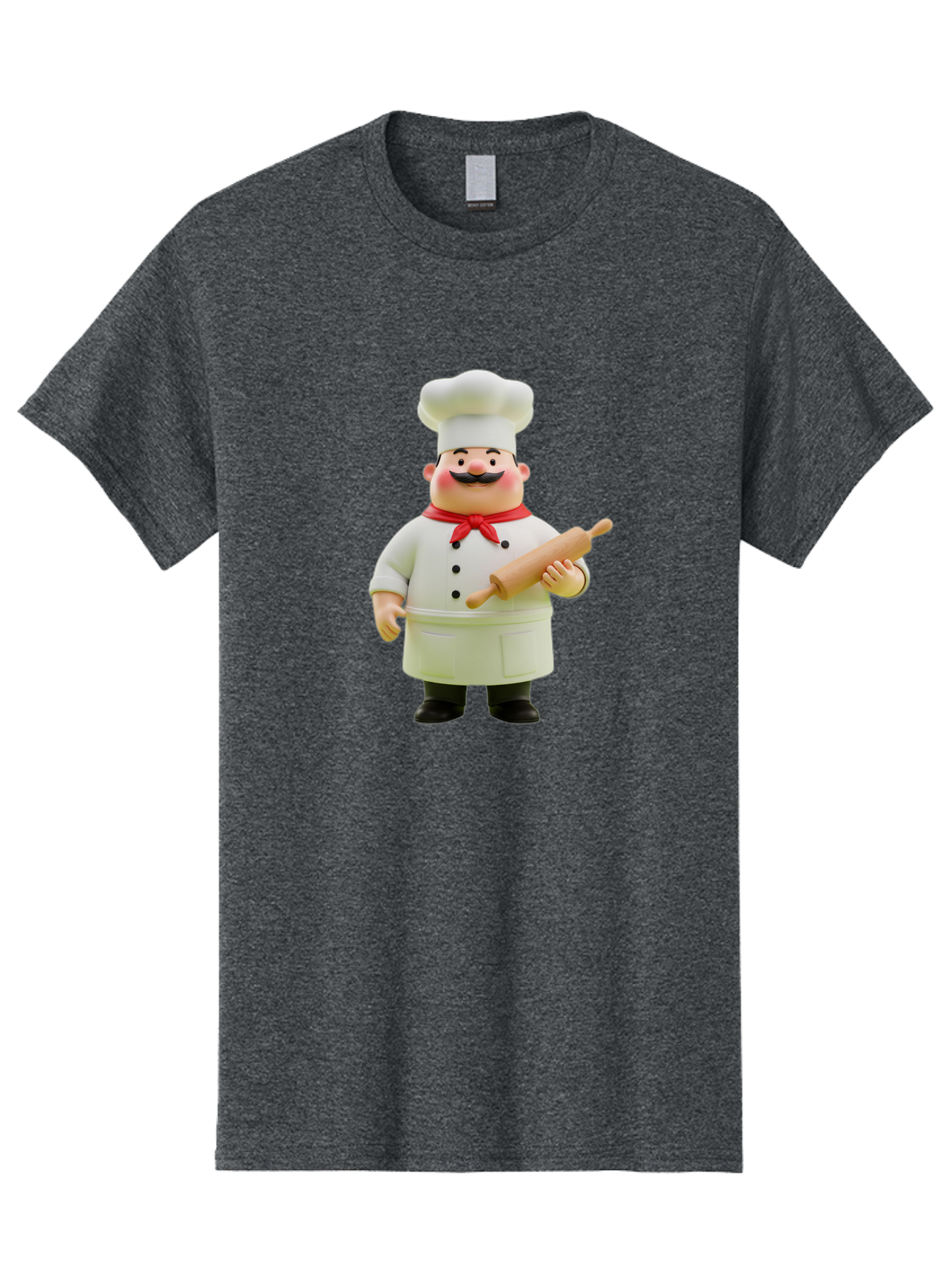 Chef-Figurine-1 Men'S Graphic Tee, 100% Cotton, Comfortable Casual Summer Wear, Machine Washable, Cartoon Chef Figurine, White Chef Coat, Red Neckerchief, Black Mustache, Rolling Pin, Cooking Utensils, Culinary Art, Kitchen Decor, Bac823