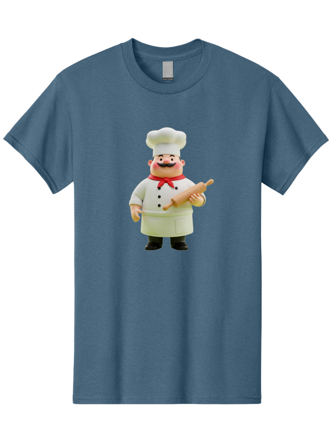 Chef-Figurine-1 Men'S Graphic Tee, 100% Cotton, Comfortable Casual Summer Wear, Machine Washable, Cartoon Chef Figurine, White Chef Coat, Red Neckerchief, Black Mustache, Rolling Pin, Cooking Utensils, Culinary Art, Kitchen Decor, Bac823