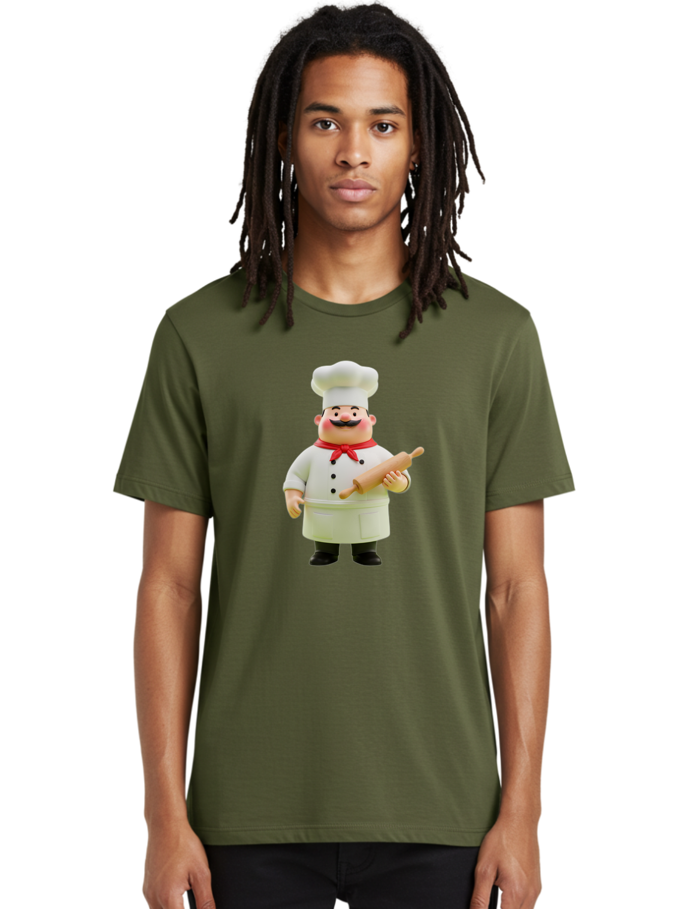 Chef-Figurine-1 Men'S Graphic Tee, 100% Cotton, Comfortable Casual Summer Wear, Machine Washable, Cartoon Chef Figurine, White Chef Coat, Red Neckerchief, Black Mustache, Rolling Pin, Cooking Utensils, Culinary Art, Kitchen Decor, Bac823