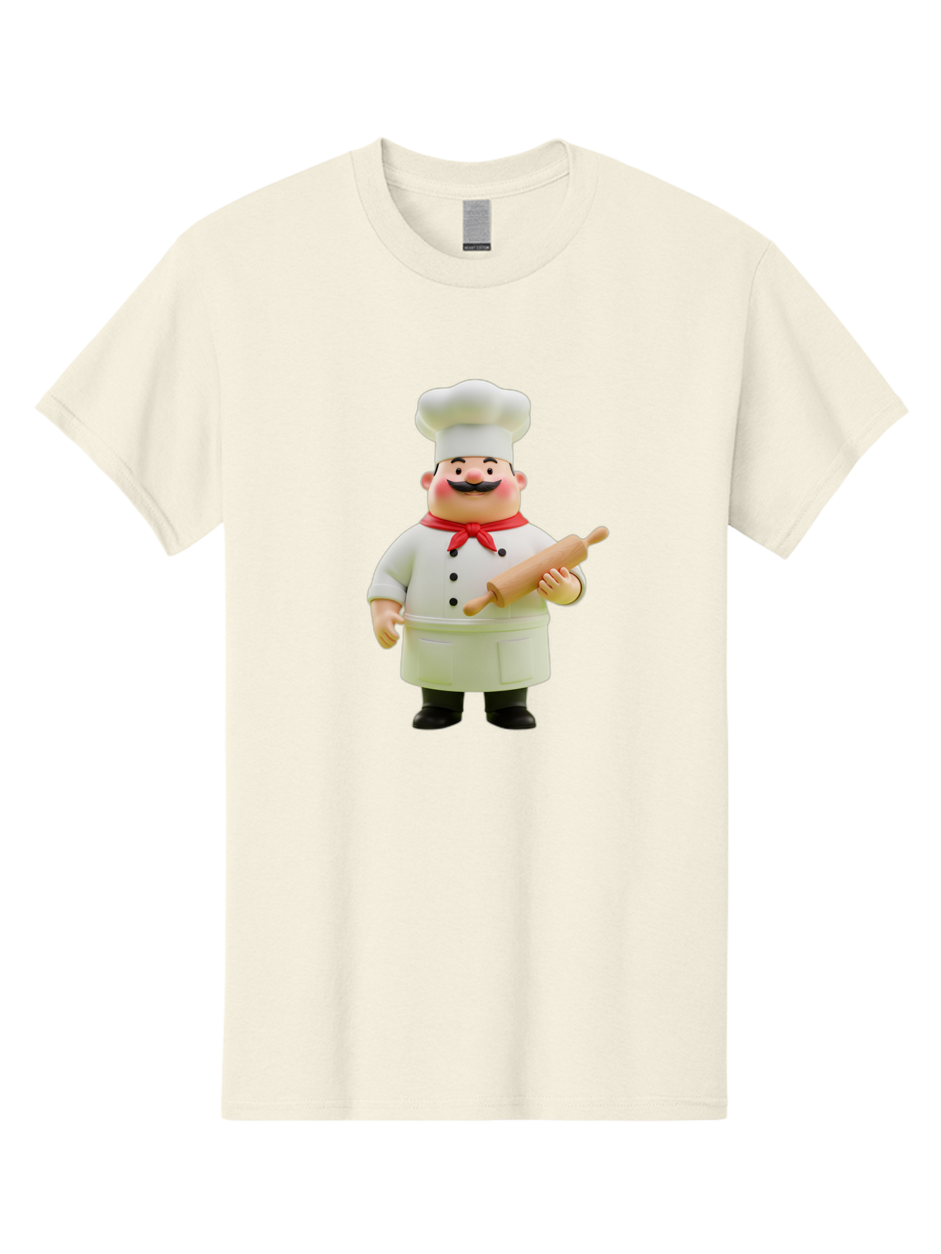 Chef-Figurine-1 Men'S Graphic Tee, 100% Cotton, Comfortable Casual Summer Wear, Machine Washable, Cartoon Chef Figurine, White Chef Coat, Red Neckerchief, Black Mustache, Rolling Pin, Cooking Utensils, Culinary Art, Kitchen Decor, Bac823