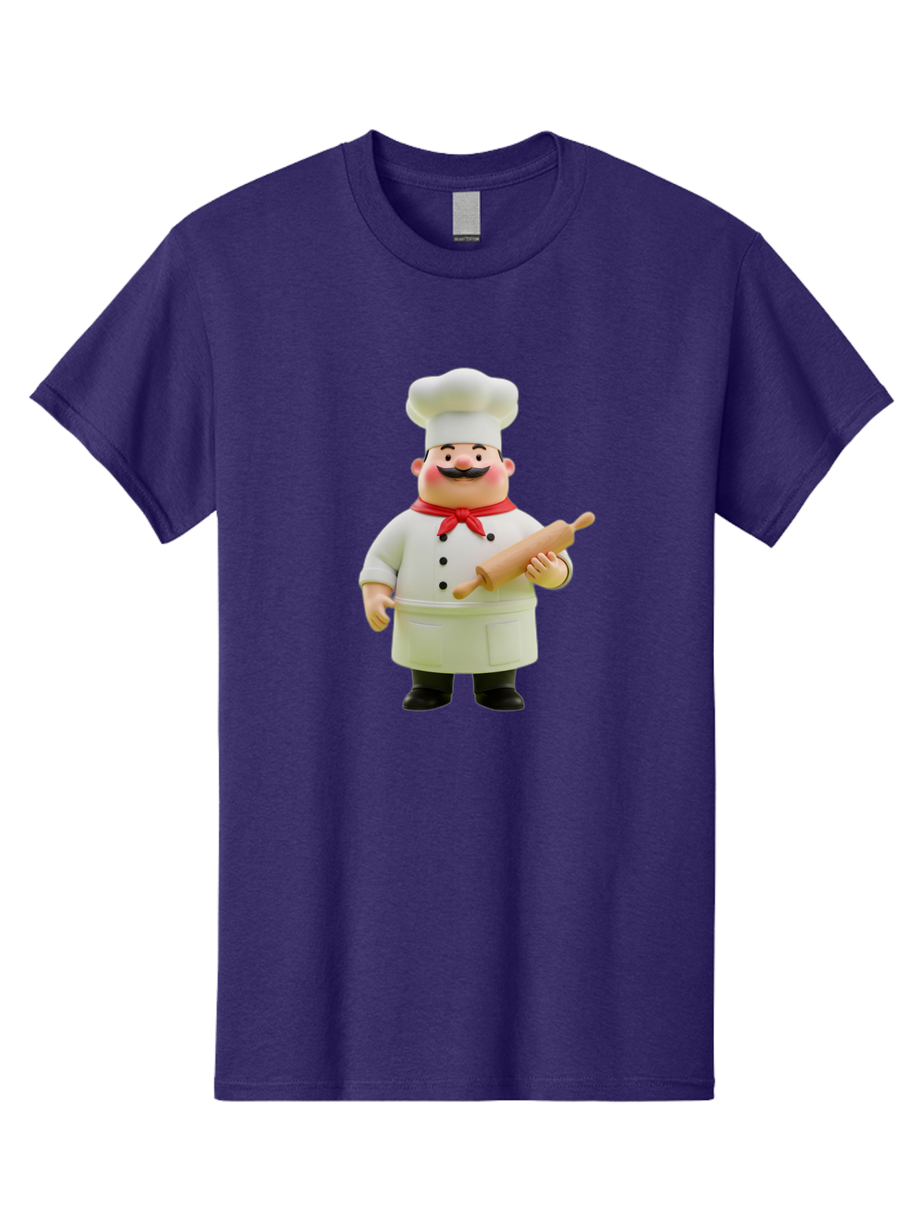 Chef-Figurine-1 Men'S Graphic Tee, 100% Cotton, Comfortable Casual Summer Wear, Machine Washable, Cartoon Chef Figurine, White Chef Coat, Red Neckerchief, Black Mustache, Rolling Pin, Cooking Utensils, Culinary Art, Kitchen Decor, Bac823