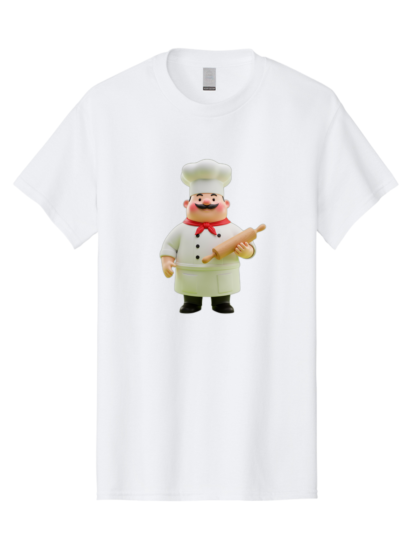 Chef-Figurine-1 Men'S Graphic Tee, 100% Cotton, Comfortable Casual Summer Wear, Machine Washable, Cartoon Chef Figurine, White Chef Coat, Red Neckerchief, Black Mustache, Rolling Pin, Cooking Utensils, Culinary Art, Kitchen Decor, Bac823