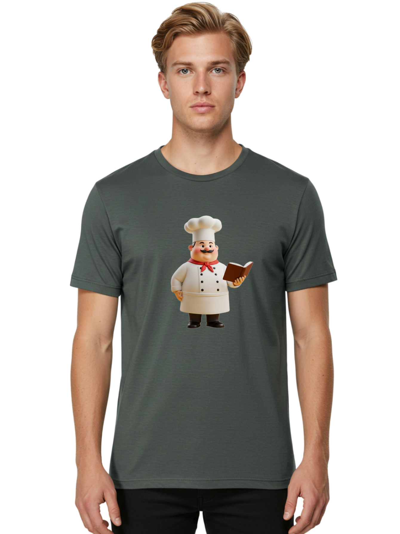 Chef-Figurine-2 Men'S Graphic Tee, 100% Cotton, Comfortable Casual Summer Wear, Machine Washable, Chef Hat, Chef Jacket, Red Neckerchief, Cookbook, Recipe Book, Chef Character, Cartoon Chef, Mustached Man, Cooking Attire, Culinary Expert Bac824