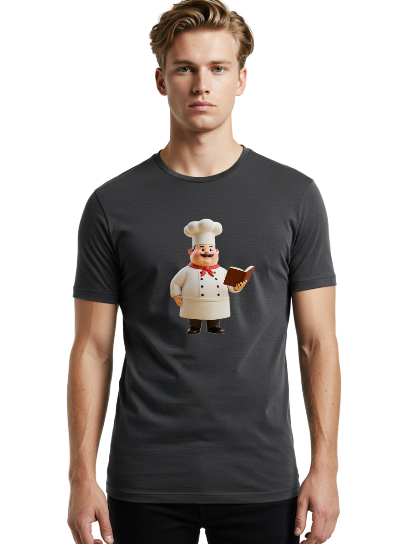 Chef-Figurine-2 Men'S Graphic Tee, 100% Cotton, Comfortable Casual Summer Wear, Machine Washable, Chef Hat, Chef Jacket, Red Neckerchief, Cookbook, Recipe Book, Chef Character, Cartoon Chef, Mustached Man, Cooking Attire, Culinary Expert Bac824