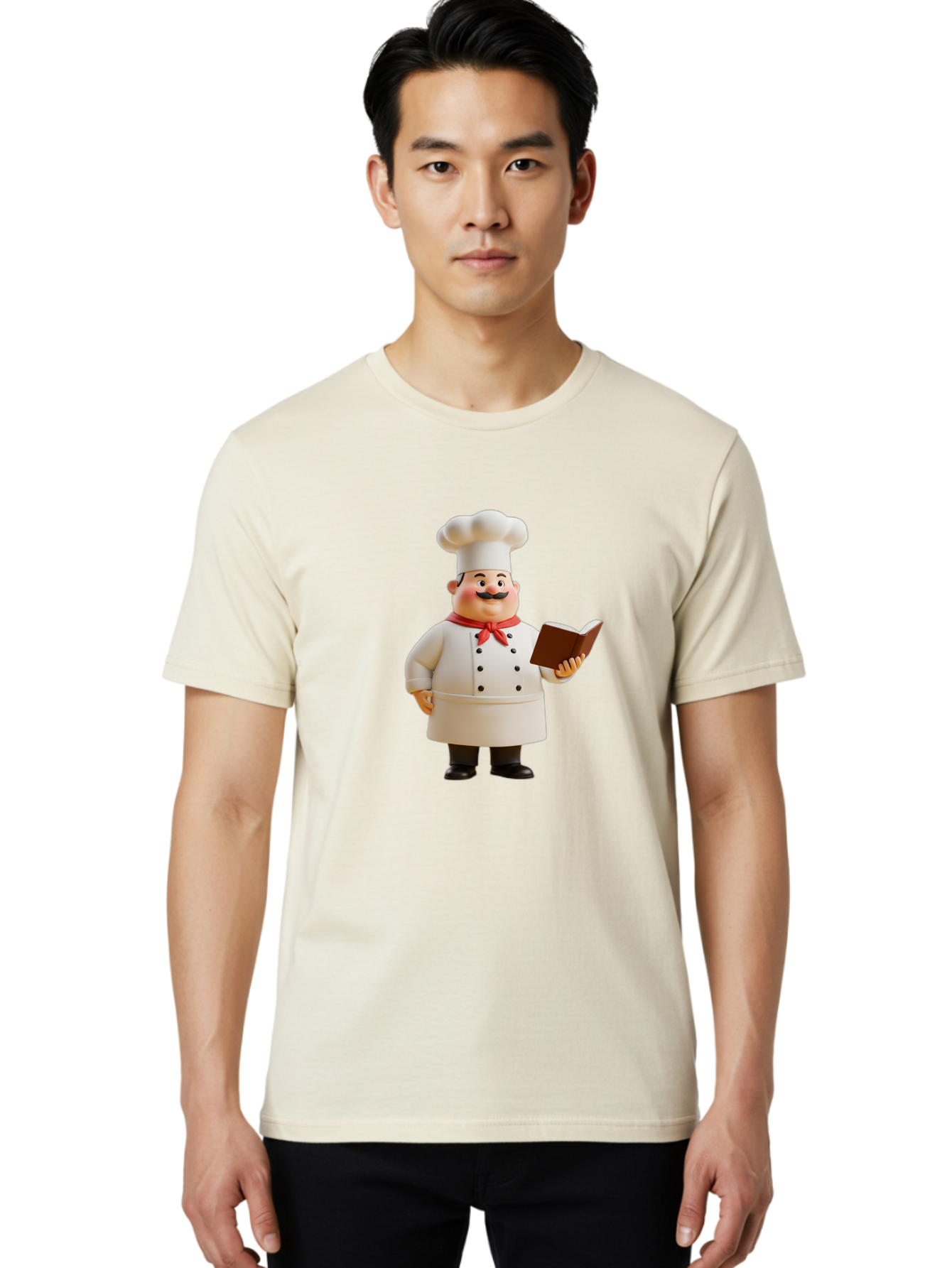 Chef-Figurine-2 Men'S Graphic Tee, 100% Cotton, Comfortable Casual Summer Wear, Machine Washable, Chef Hat, Chef Jacket, Red Neckerchief, Cookbook, Recipe Book, Chef Character, Cartoon Chef, Mustached Man, Cooking Attire, Culinary Expert Bac824