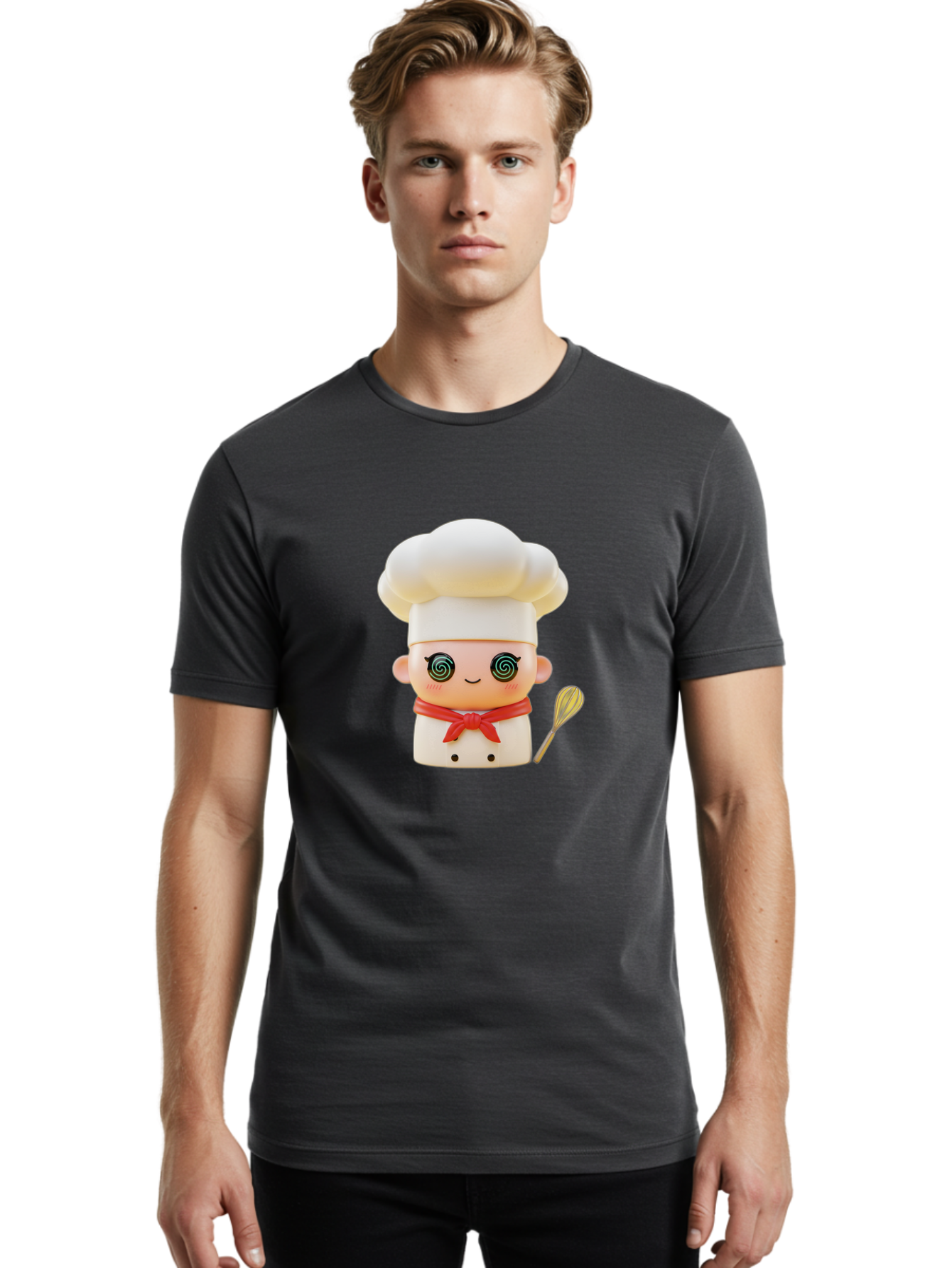 Chef-Figurine-3 Men'S Graphic Tee, 100% Cotton, Comfortable Casual Summer Wear, Machine Washable, Chef Figurine, White Chef Hat, Red Ribbon, Swirl Eyes, Cute Face, Baking Accessories, Whisk, Cooking Utensils, Culinary Art, Kawaii Character, Bac825