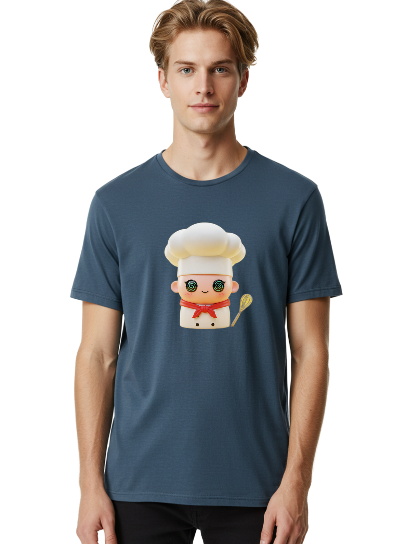 Chef-Figurine-3 Men'S Graphic Tee, 100% Cotton, Comfortable Casual Summer Wear, Machine Washable, Chef Figurine, White Chef Hat, Red Ribbon, Swirl Eyes, Cute Face, Baking Accessories, Whisk, Cooking Utensils, Culinary Art, Kawaii Character, Bac825