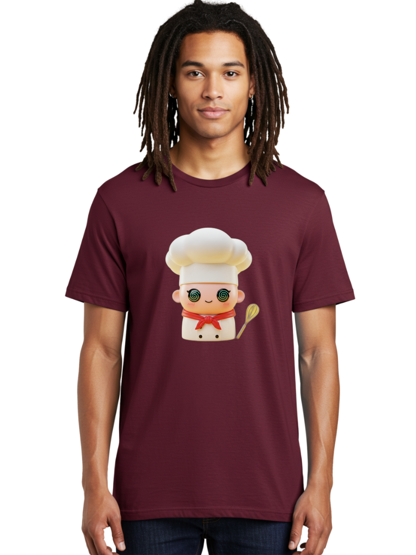 Chef-Figurine-3 Men'S Graphic Tee, 100% Cotton, Comfortable Casual Summer Wear, Machine Washable, Chef Figurine, White Chef Hat, Red Ribbon, Swirl Eyes, Cute Face, Baking Accessories, Whisk, Cooking Utensils, Culinary Art, Kawaii Character, Bac825