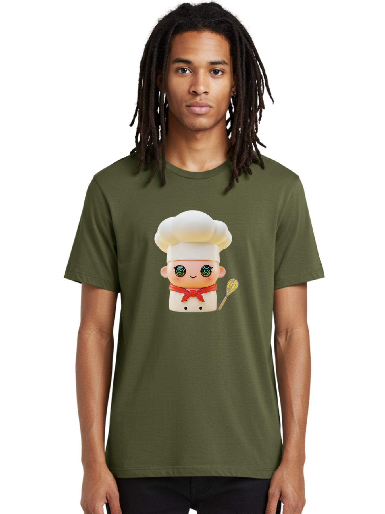 Chef-Figurine-3 Men'S Graphic Tee, 100% Cotton, Comfortable Casual Summer Wear, Machine Washable, Chef Figurine, White Chef Hat, Red Ribbon, Swirl Eyes, Cute Face, Baking Accessories, Whisk, Cooking Utensils, Culinary Art, Kawaii Character, Bac825