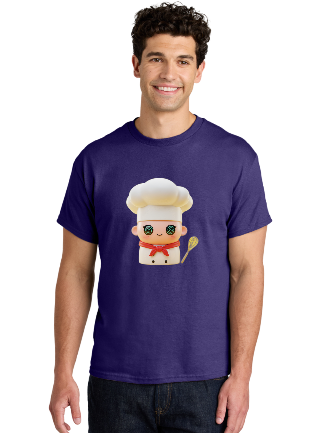 Chef-Figurine-3 Men'S Graphic Tee, 100% Cotton, Comfortable Casual Summer Wear, Machine Washable, Chef Figurine, White Chef Hat, Red Ribbon, Swirl Eyes, Cute Face, Baking Accessories, Whisk, Cooking Utensils, Culinary Art, Kawaii Character, Bac825