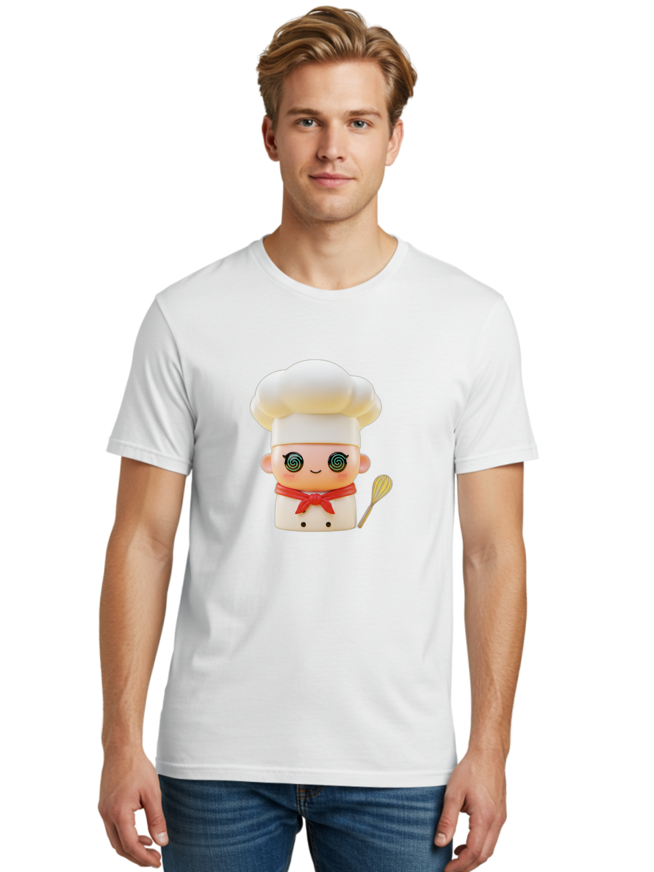 Chef-Figurine-3 Men'S Graphic Tee, 100% Cotton, Comfortable Casual Summer Wear, Machine Washable, Chef Figurine, White Chef Hat, Red Ribbon, Swirl Eyes, Cute Face, Baking Accessories, Whisk, Cooking Utensils, Culinary Art, Kawaii Character, Bac825