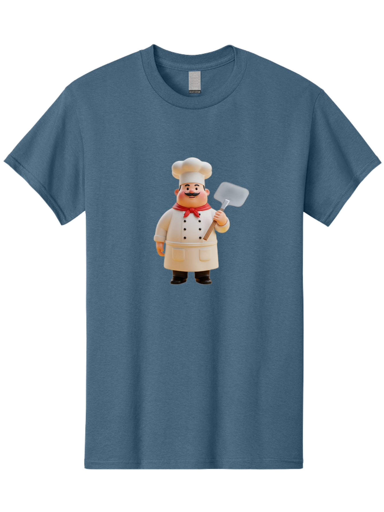 Chef-Figurine Men'S Graphic Tee, 100% Cotton, Comfortable Casual Summer Wear, Machine Washable, Lego Figurine Of A Chef, White Hat, Red Neckerchief, White Double-Breasted Jacket, Black Trousers, Black Shoes, Mustache, Holding A Spatula, Bac826