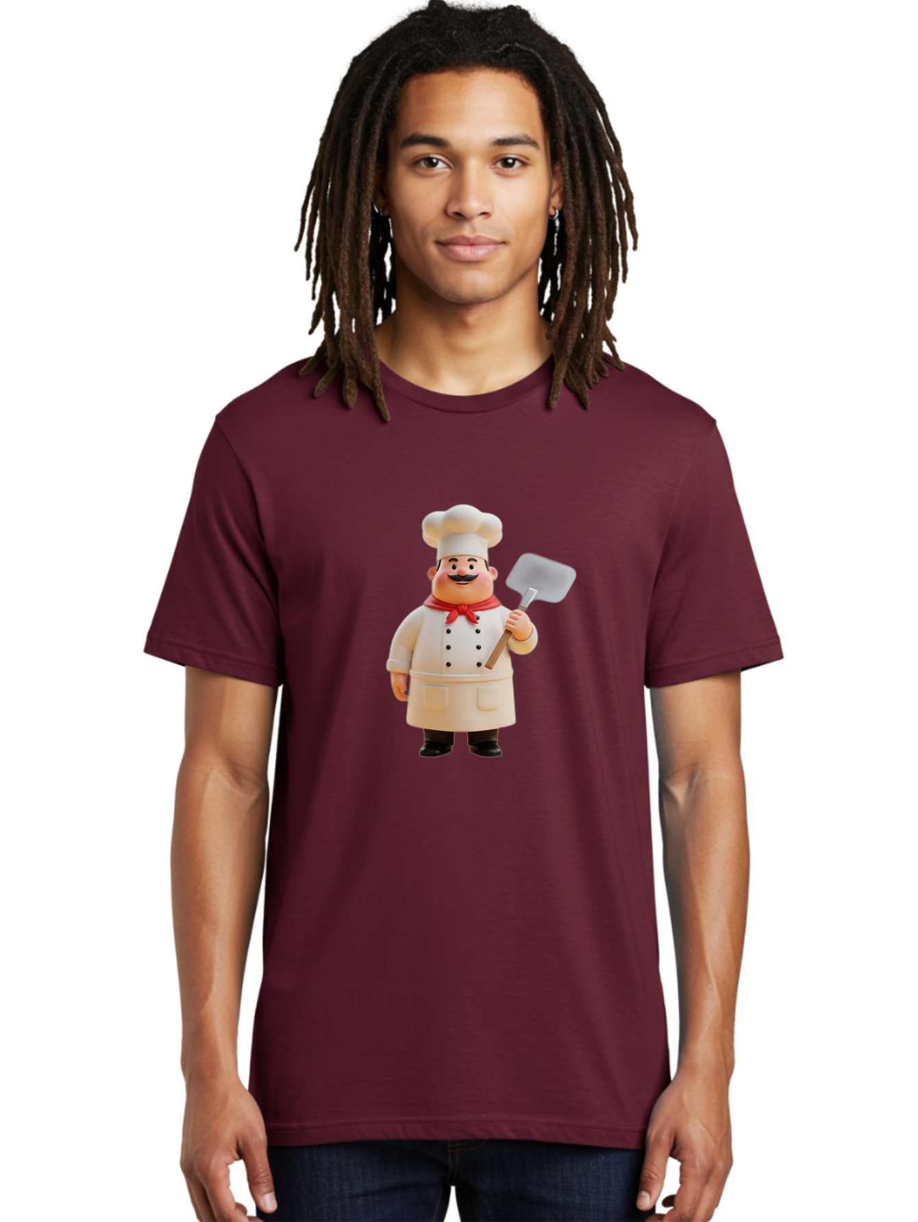 Chef-Figurine Men'S Graphic Tee, 100% Cotton, Comfortable Casual Summer Wear, Machine Washable, Lego Figurine Of A Chef, White Hat, Red Neckerchief, White Double-Breasted Jacket, Black Trousers, Black Shoes, Mustache, Holding A Spatula, Bac826