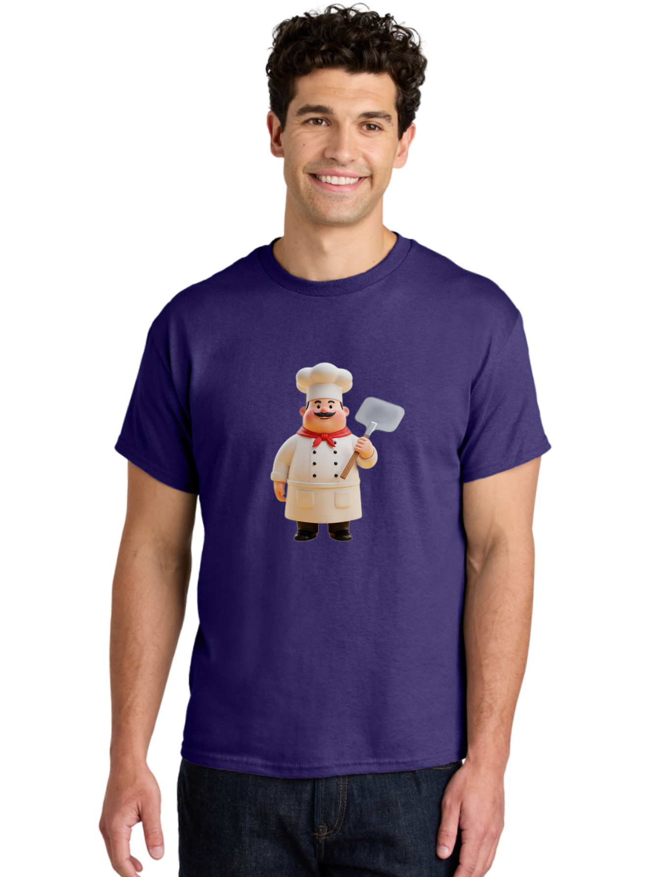 Chef-Figurine Men'S Graphic Tee, 100% Cotton, Comfortable Casual Summer Wear, Machine Washable, Lego Figurine Of A Chef, White Hat, Red Neckerchief, White Double-Breasted Jacket, Black Trousers, Black Shoes, Mustache, Holding A Spatula, Bac826